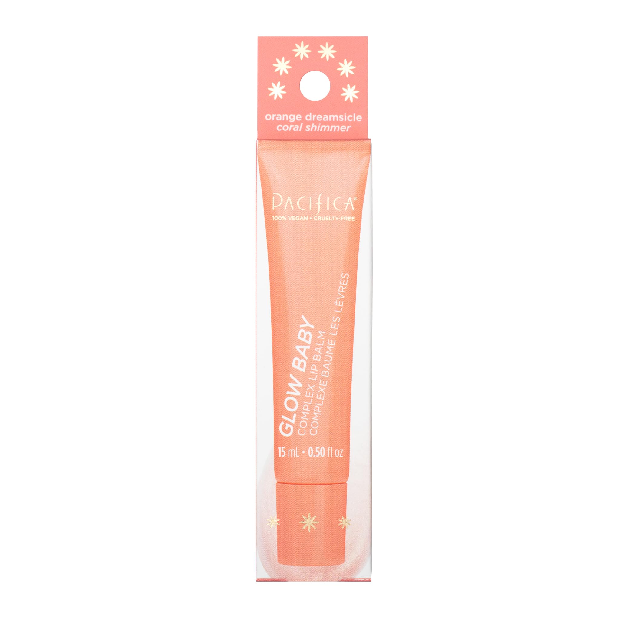 Three tubes of Pacifica vegan hydrating lip balm in the complex flavor set, showcasing colorful packaging and smooth balm texture.