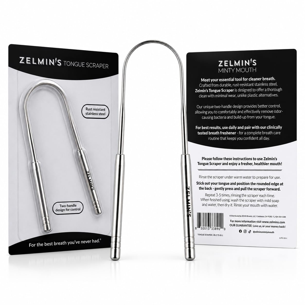 Zelmin's tongue scraper and breath freshening kit with stainless steel tongue cleaner and freshening spray for oral hygiene.
