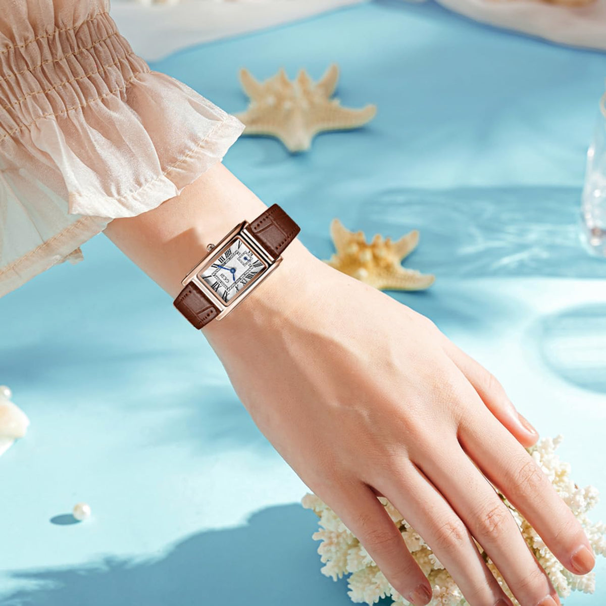FANMIS Women's Vintage Rectangular Leather Strap Watches – full view