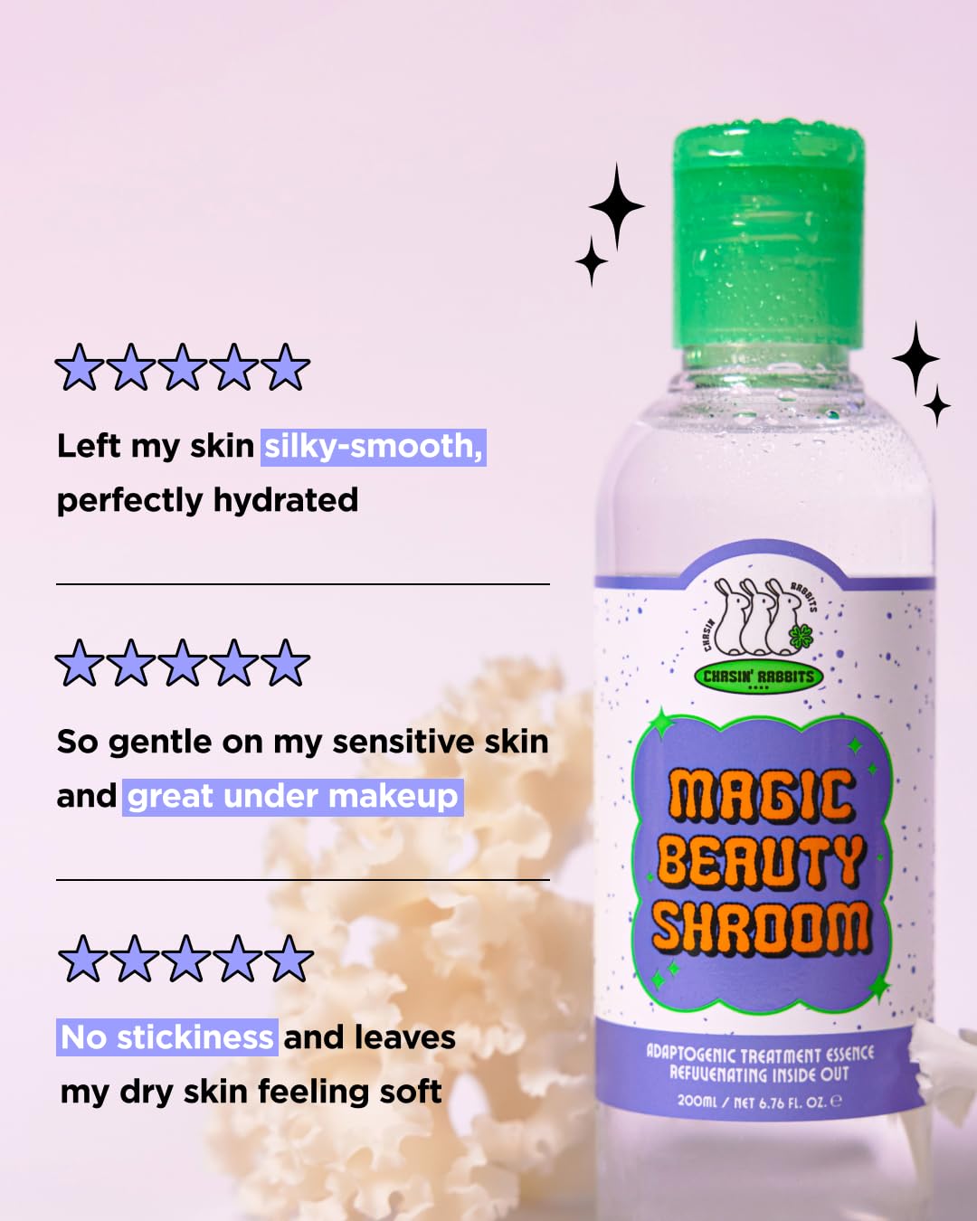 CHASIN' RABBITS Magic Beauty Shroom Essence bottle with label, featuring Korean nourishing and hydrating skin serum for sensitive, dry skin