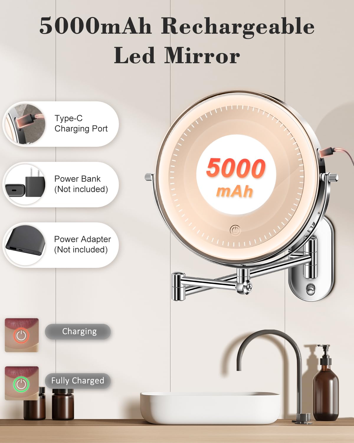 vpu 20X 9" Wall Mounted Magnifying Makeup Mirror with Light Height Adjustable – back view and specifications