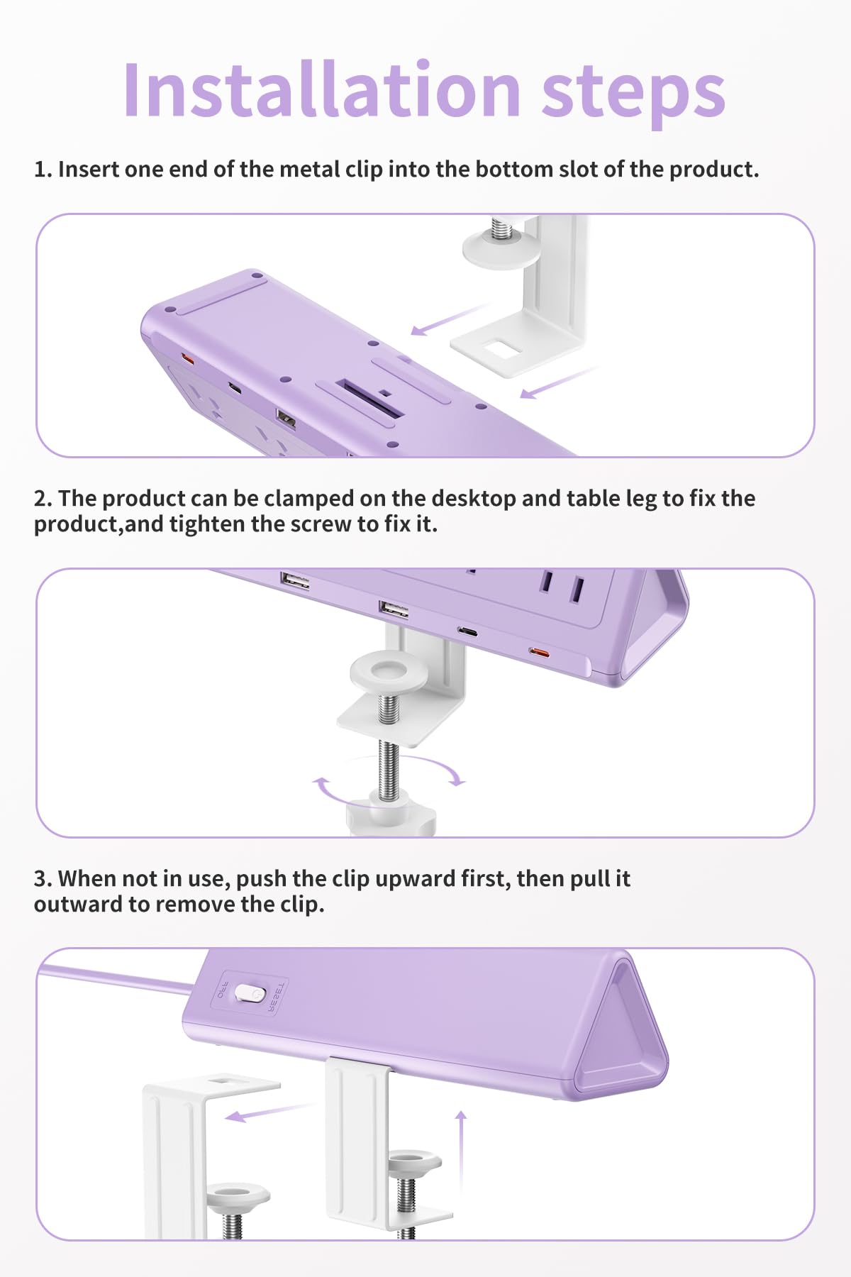 SMALLRT Purple Desk Clamp Power Strip with 6.5 FT Extension Cord, PD 40W USB-C Fast Charging Ports, 5 AC Outlets 4 USB-C
