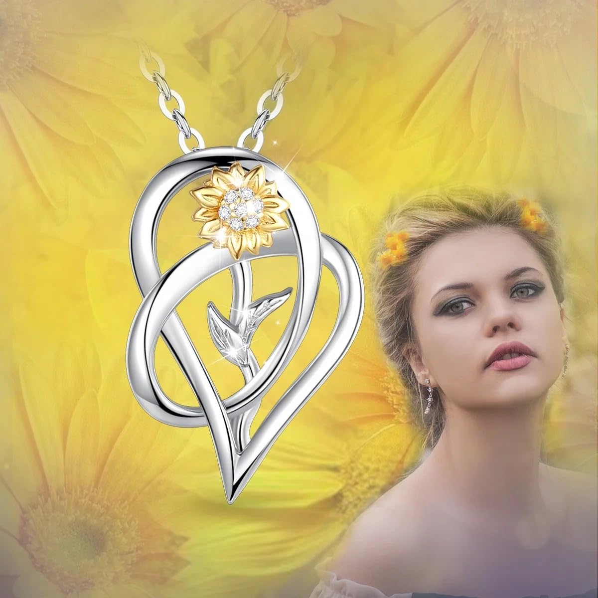 CCJM Sunflower Necklace, S925 Sterling Silver 18K Gold Plated Pendant – full view