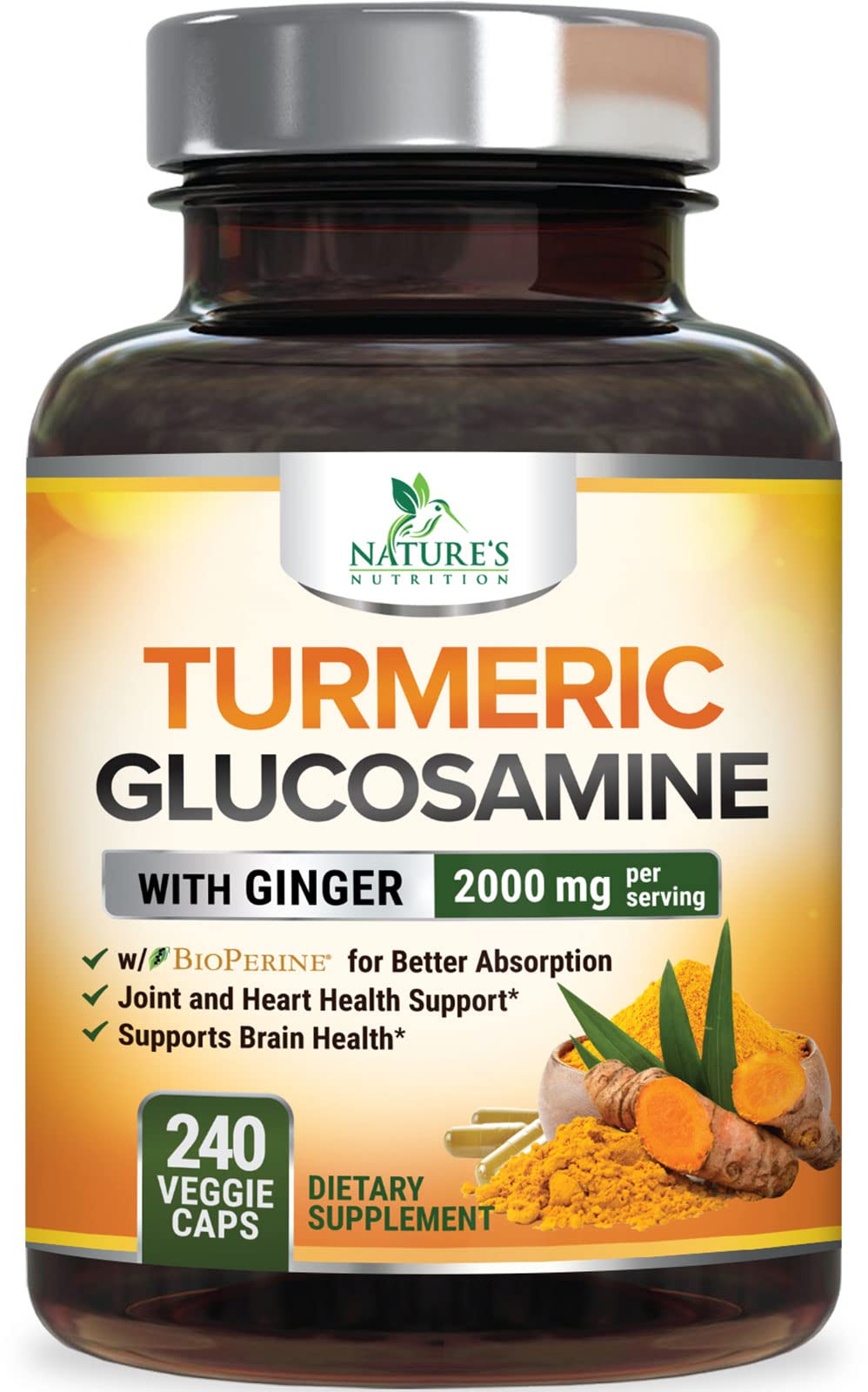 Turmeric Curcumin Supplement - 95% Curcuminoids with Glucosamine, Ginger & MSM, BioPerine Black Pepper Extract for Best Absorption, Natural Vegan Joint Support, Non-GMO, Bottled in USA - 240 Capsules