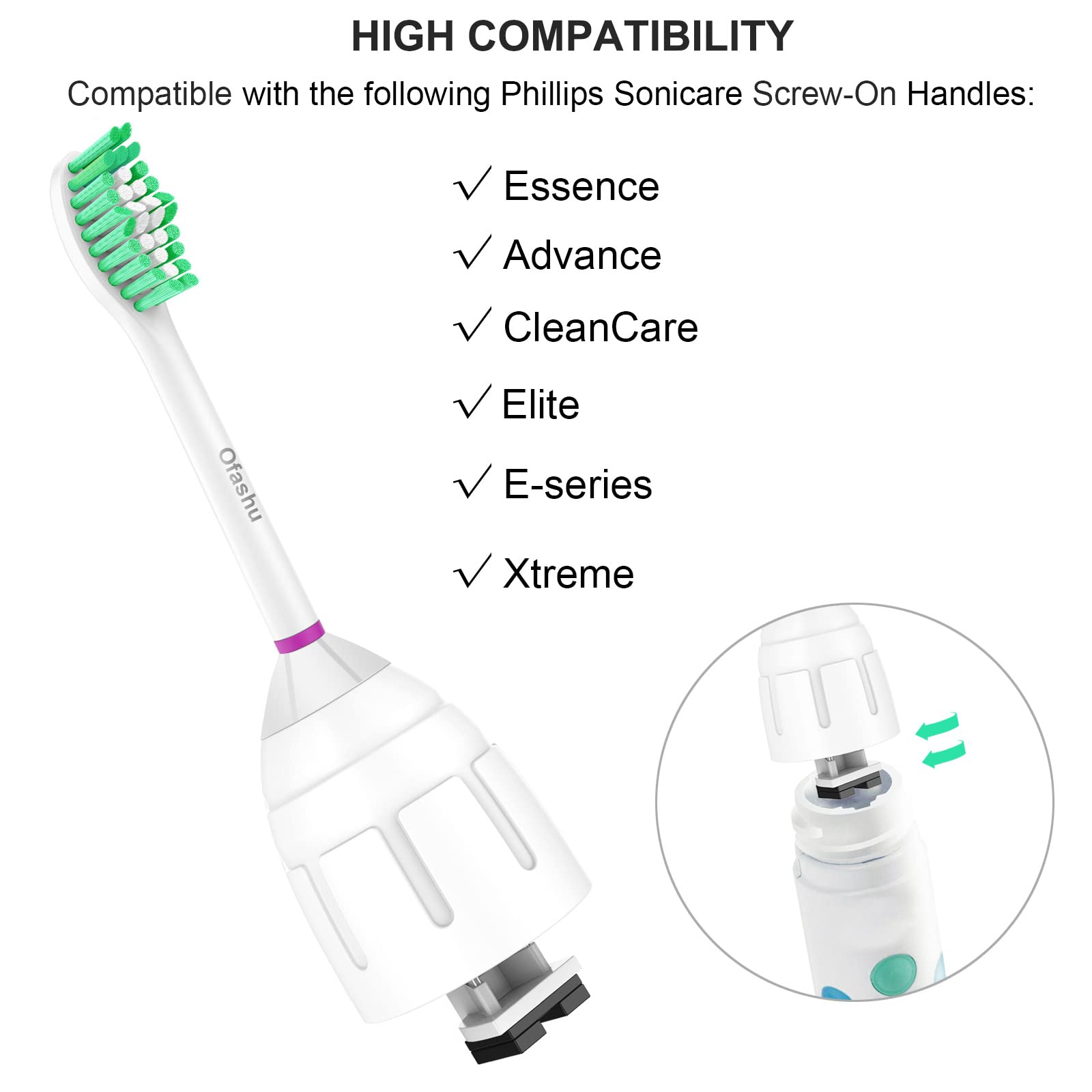 Ofashu replacement toothbrush heads for Philips Sonicare E-Series, with soft bristles and compatible design for effective cleaning.