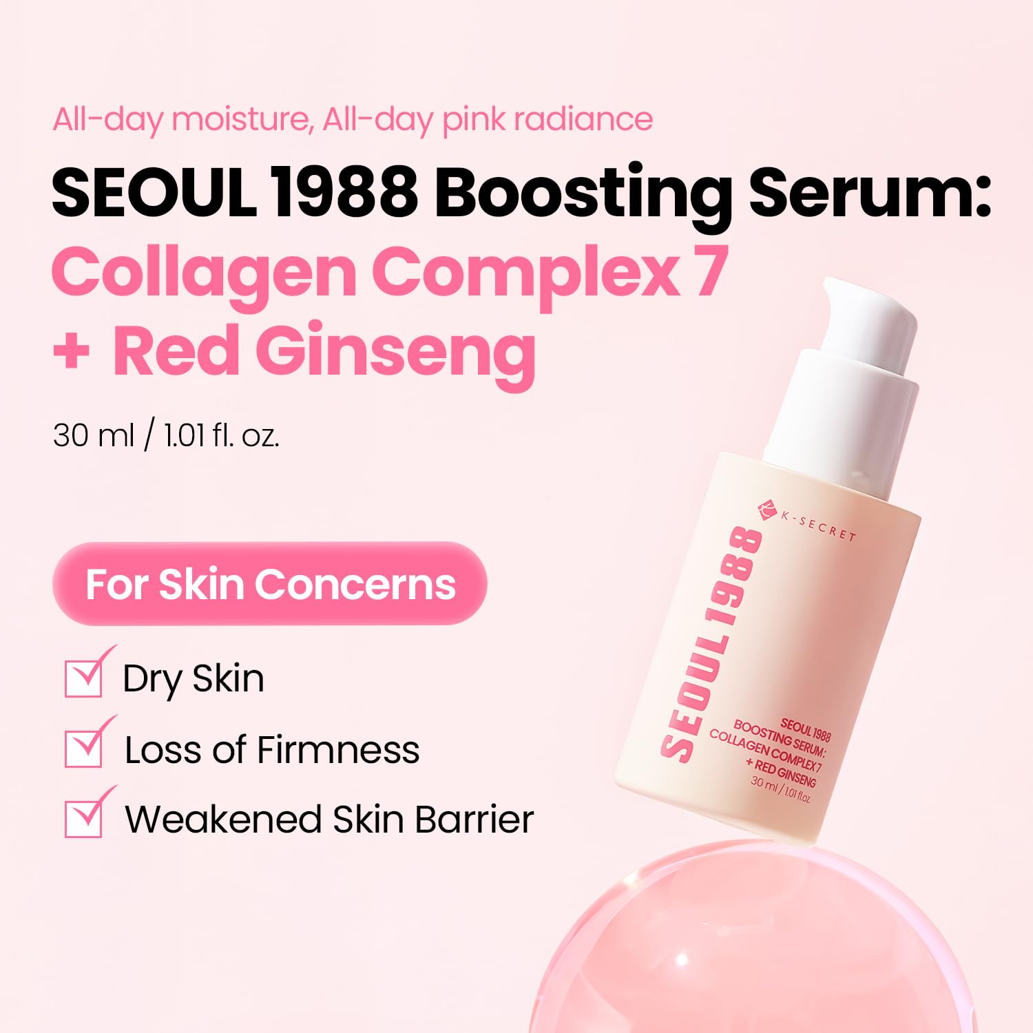 K-SECRET SEOUL 1988 Collagen Boosting Serum | Deeply Hydrating Serum with 7-Type Collagen Complex, Niacinamide, Ceramide NP, and Red Ginseng | Korean Skincare, 30ml / 1.01 fl oz