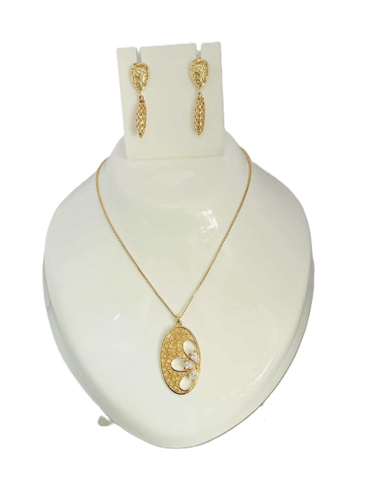 MIRACLE JEWELS by MJ Handmade Elegant Gold-Tone Jewelry Set, Filigree Floral Oval Pendant Necklace with Cubic Zirconia A