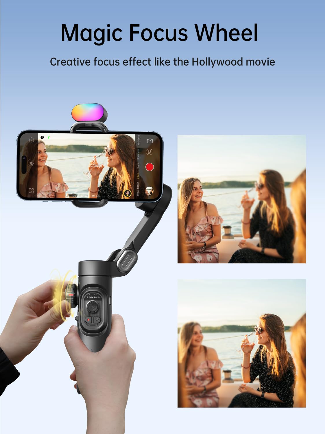 AOCHUAN Gimbal Stabilizer for Smartphone w/Gesture Control, XE Kit – back view and specifications