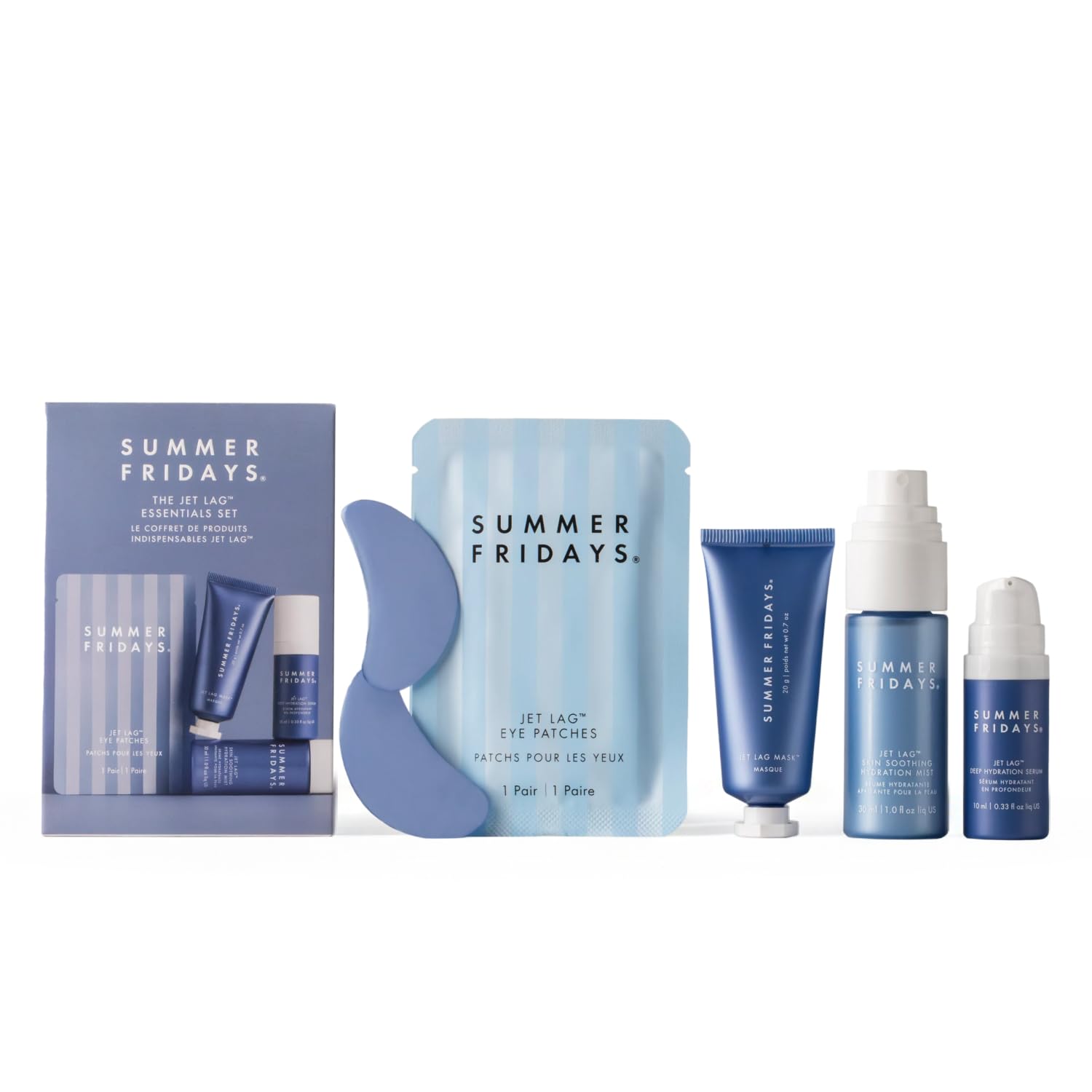 Summer Fridays Jet Lag™ Mini Skincare Set with hydrating mask, eye patches, serum, and mist in travel size for glowing skin