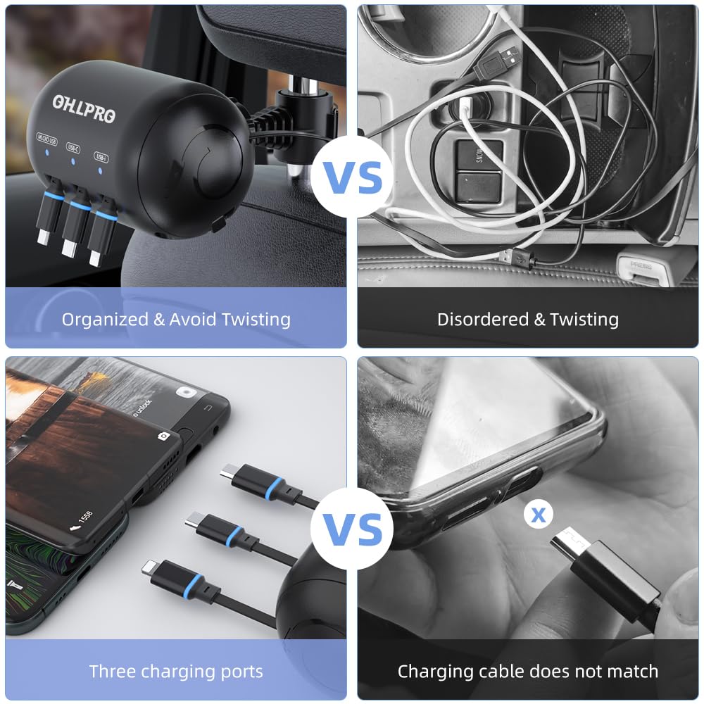 OHLPRO Multi Car Retractable Backseat 3 in 1 Car Charging Station Box – packaging and label