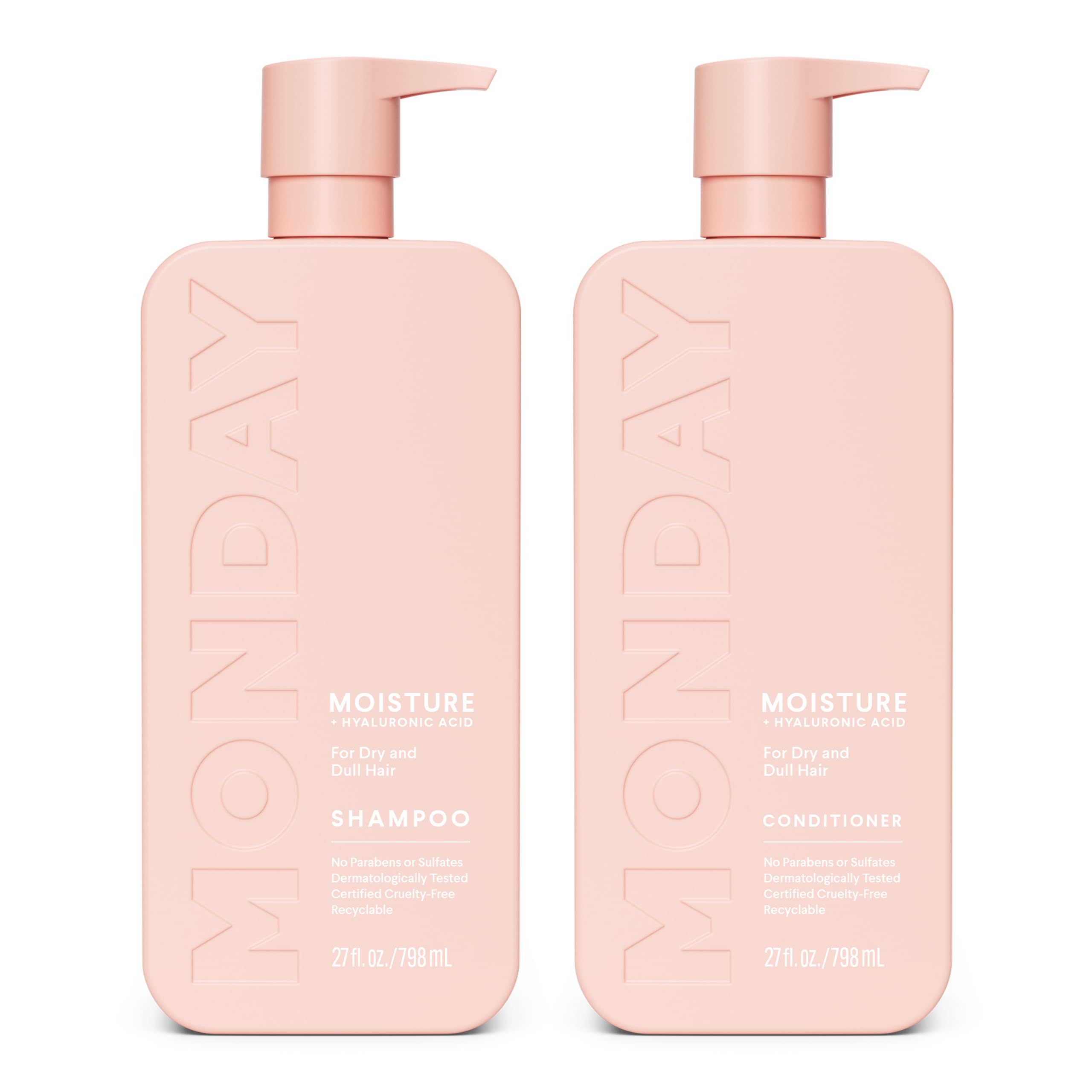 MONDAY HAIRCARE Moisture Shampoo and Conditioner set for dry, frizzy hair, featuring coconut oil, rice protein, shea butter, and vitamin E.