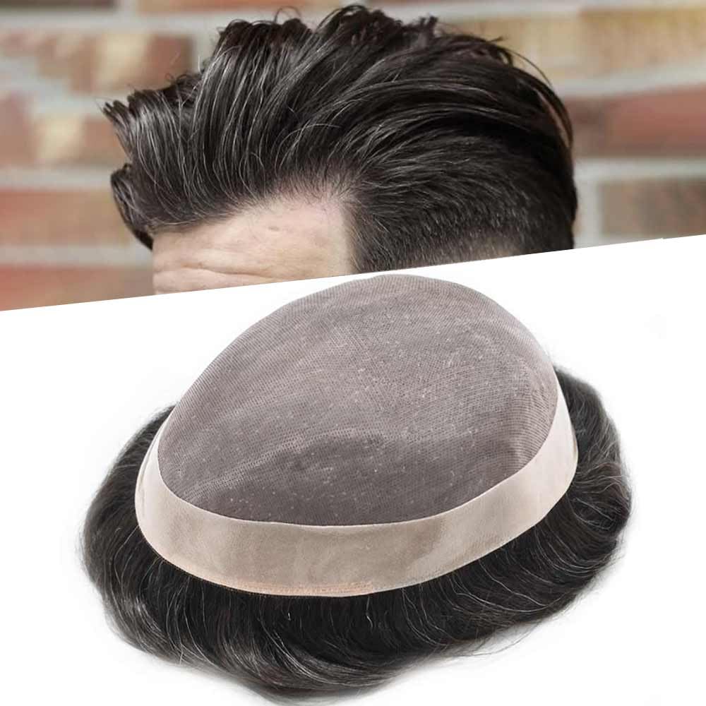 Curve Hair Mens Toupee Human Hair Piece Replacement System Monofilament Wig Hair Unit for Men Durable Poly Coated Mens Hairpiece (#220 Darkest Brown+20% Gray, 6"X8")