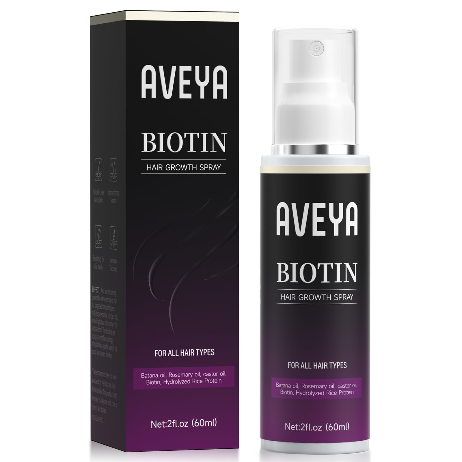 AVEYA Hair Growth Spray with rosemary oil, rice water, Batana oil, and biotin for scalp; non-greasy treatment for hair thinning.
