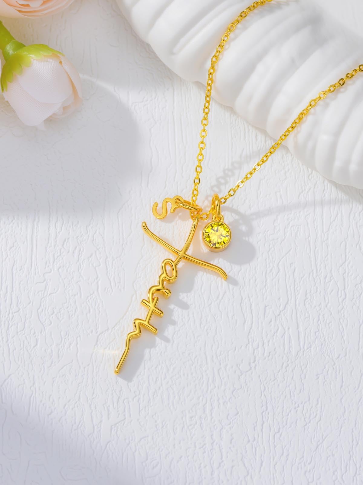 Poiuy Faith Cross Necklaces for Women with Initial Charms and Birthstone – close-up detail in 11-Nov-Birthstone