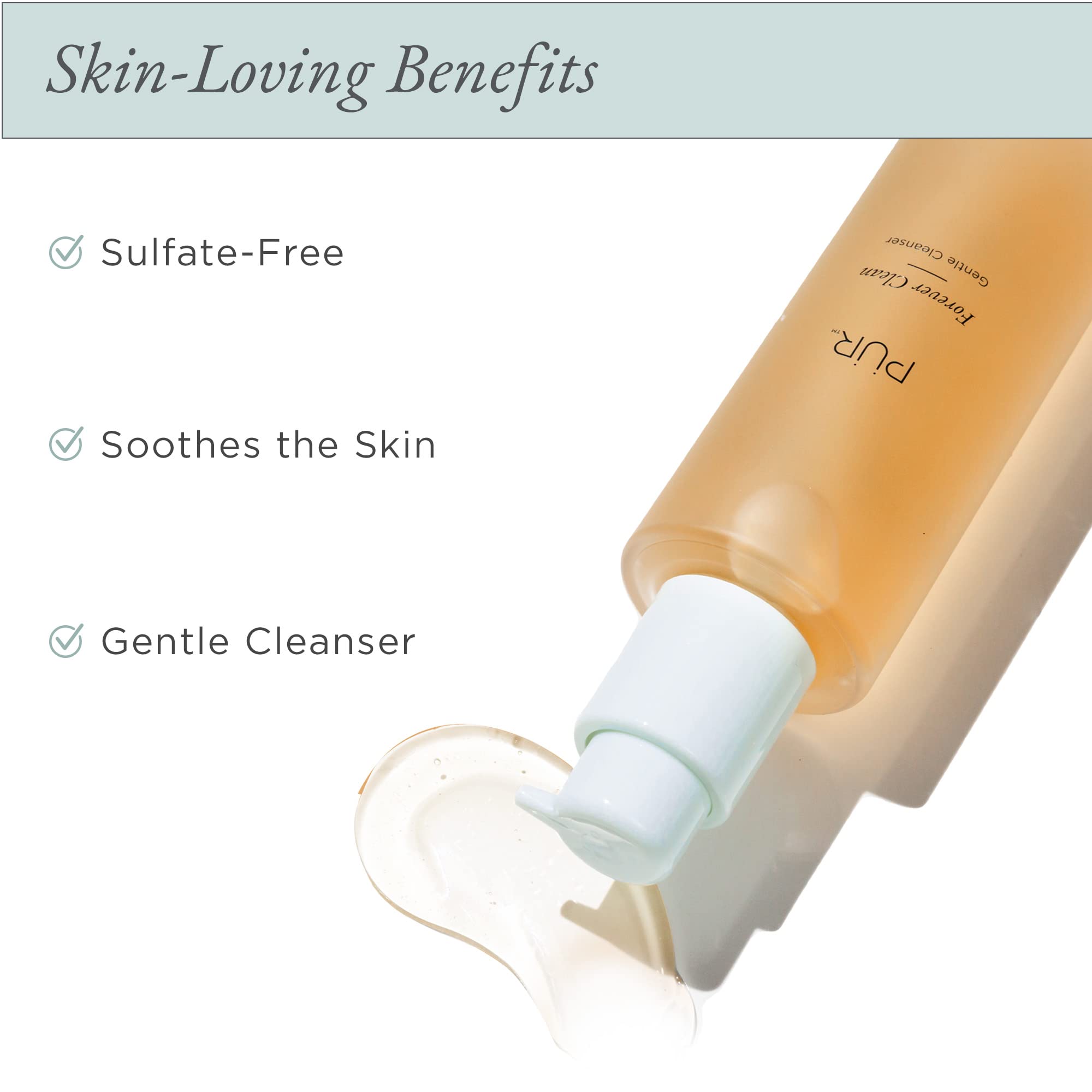 PÜR MINERALS Forever Clean Gentle Facial Cleanser with Blue Light Defense in a clear bottle, showing the product label and blue-themed packaging.