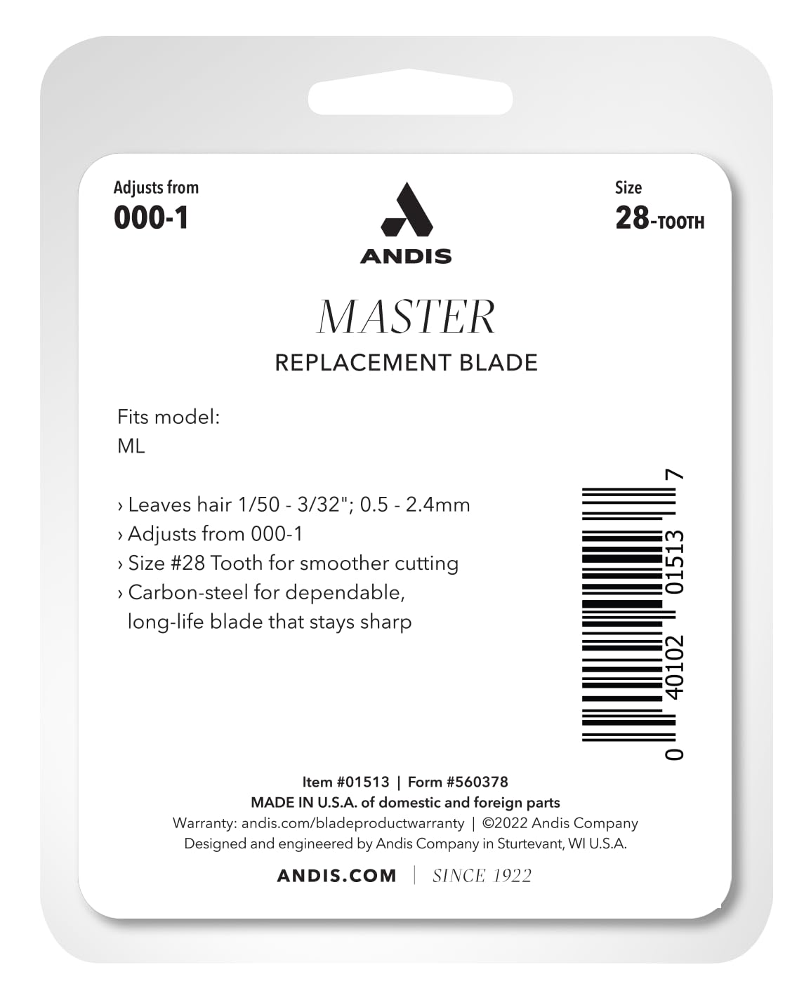 Andis 01513 Improved Master Replacement Blade, Adjustable 000-1, Fits ML