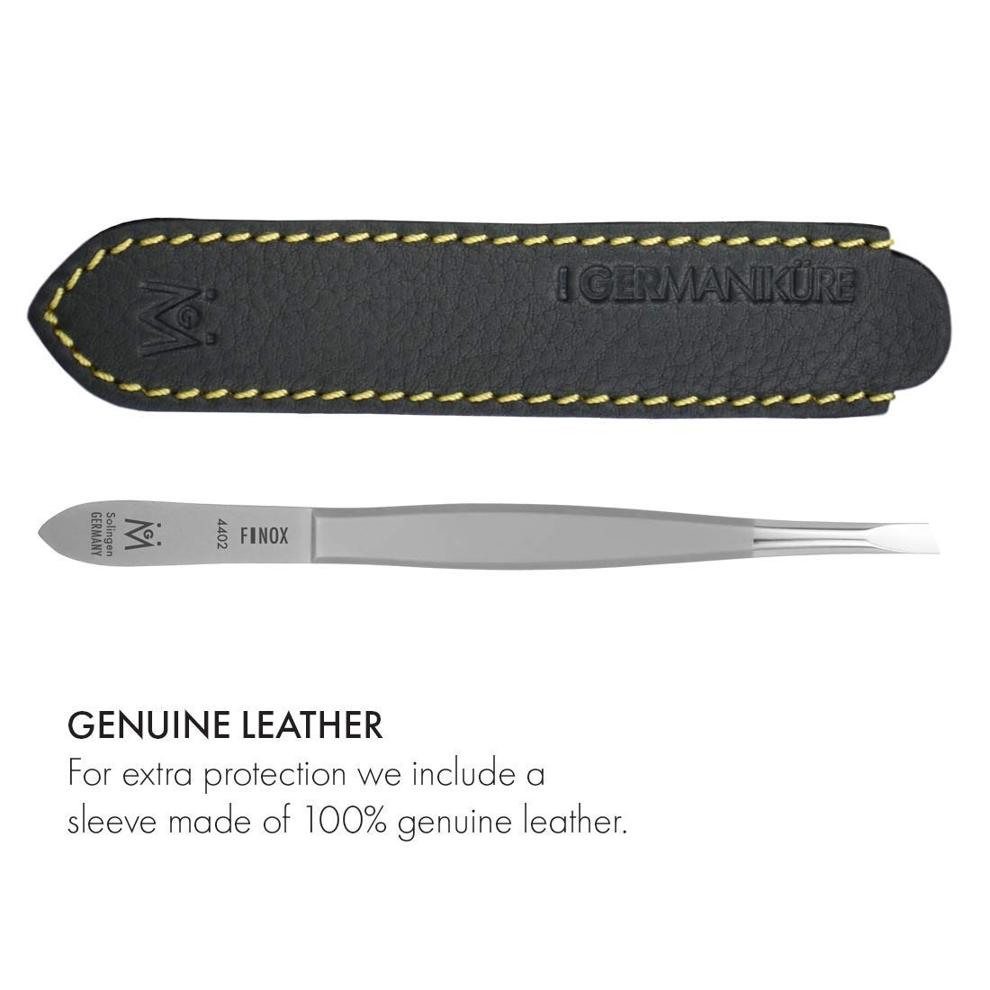 GERMANIKURE Slanted Tweezers, Precision German Steel, Leather Case – close-up detail in Silver