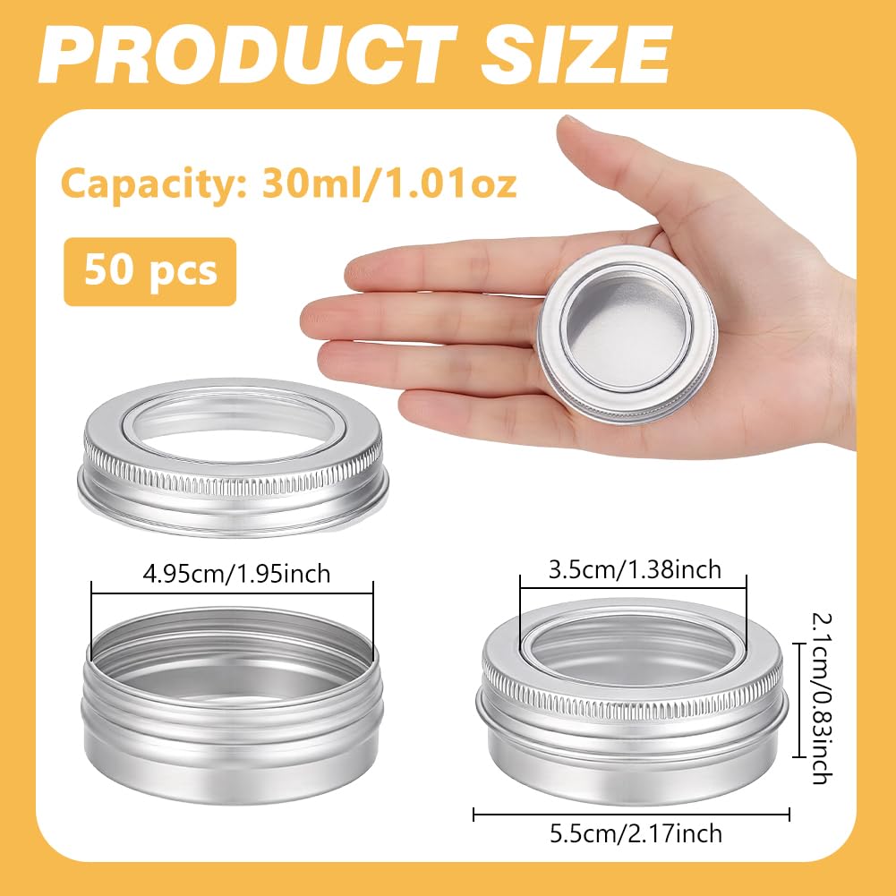 BENECREAT 50 Pcs Metal Tin Cans with Clear Top, 1 Oz/30ml Roud Aluminum Metal Tins Empty Containers for Cosmetics Beads 