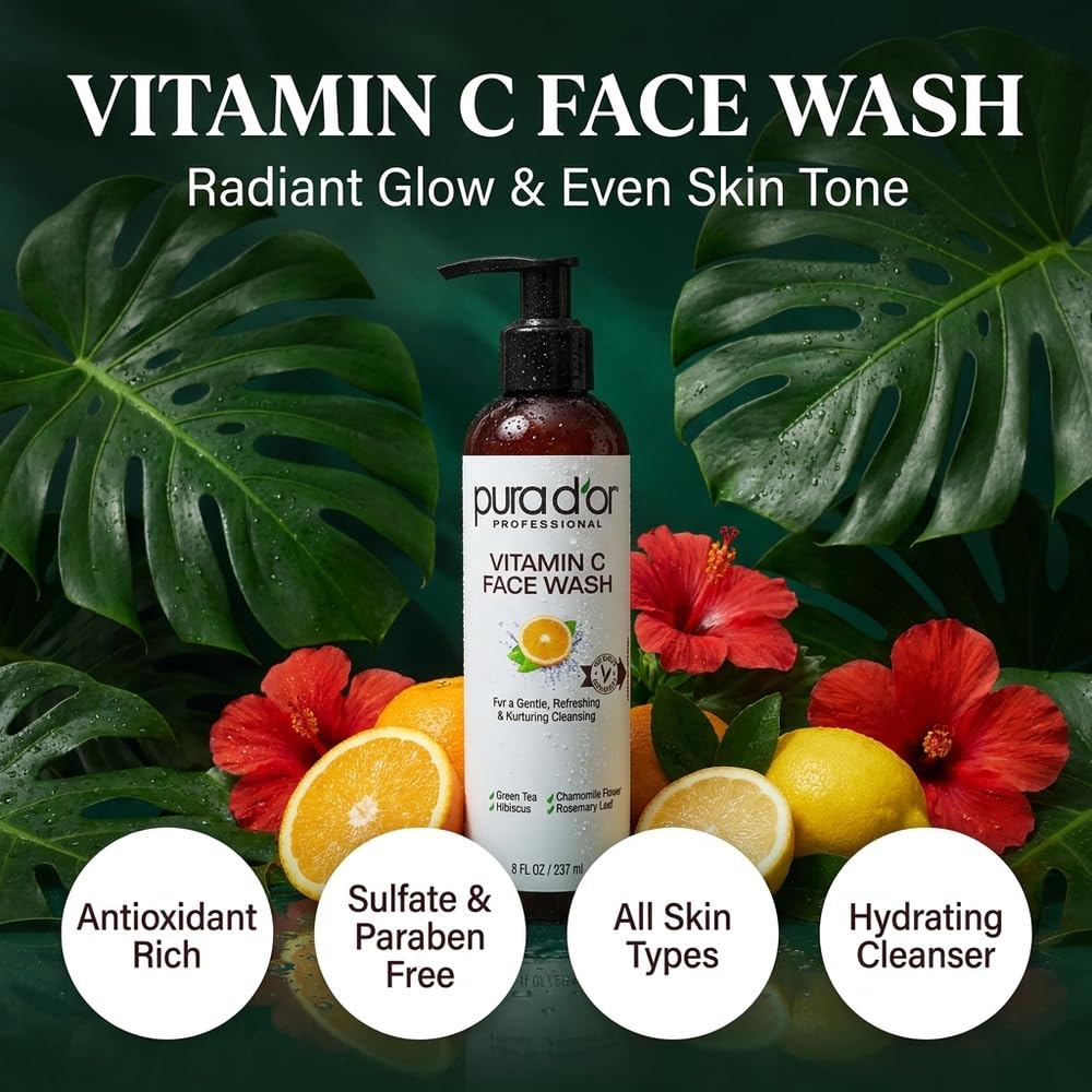 PURA D'OR Vitamin C face wash bottle showing the gentle daily facial cleanser for skin cleaning and brightening.