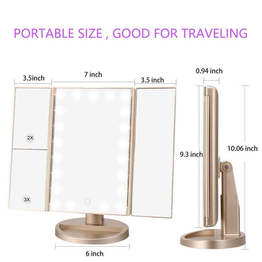 deweisn Floor Mount Tri-Fold Lighted Vanity Mirror with 21 LED Lights, Touch Screen and 3X/2X/1X Magnification, Two Powe