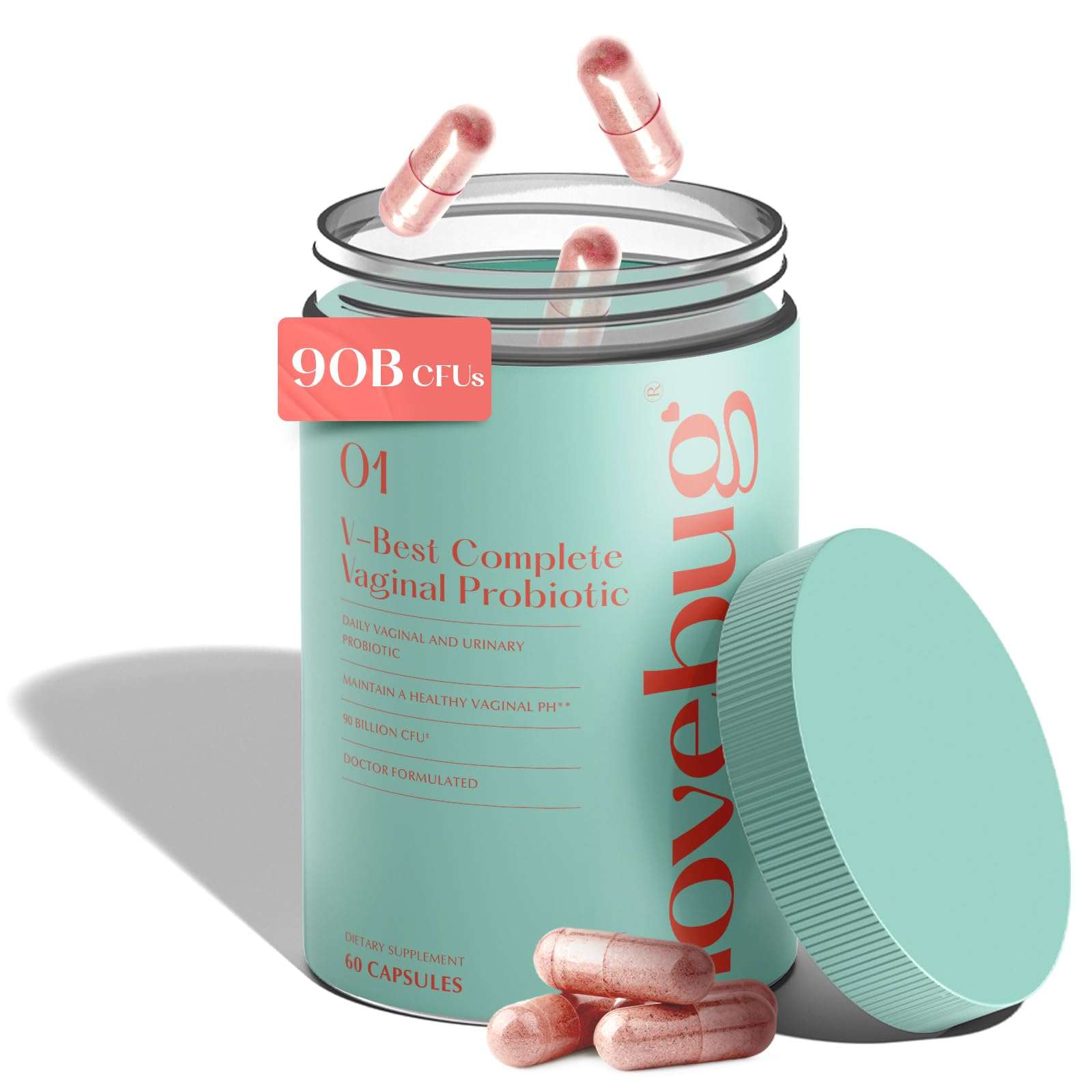 LoveBug Women's Health Lovebug V-Best Vaginal Probiotics supplement bottle with 90 billion CFU for women's health.