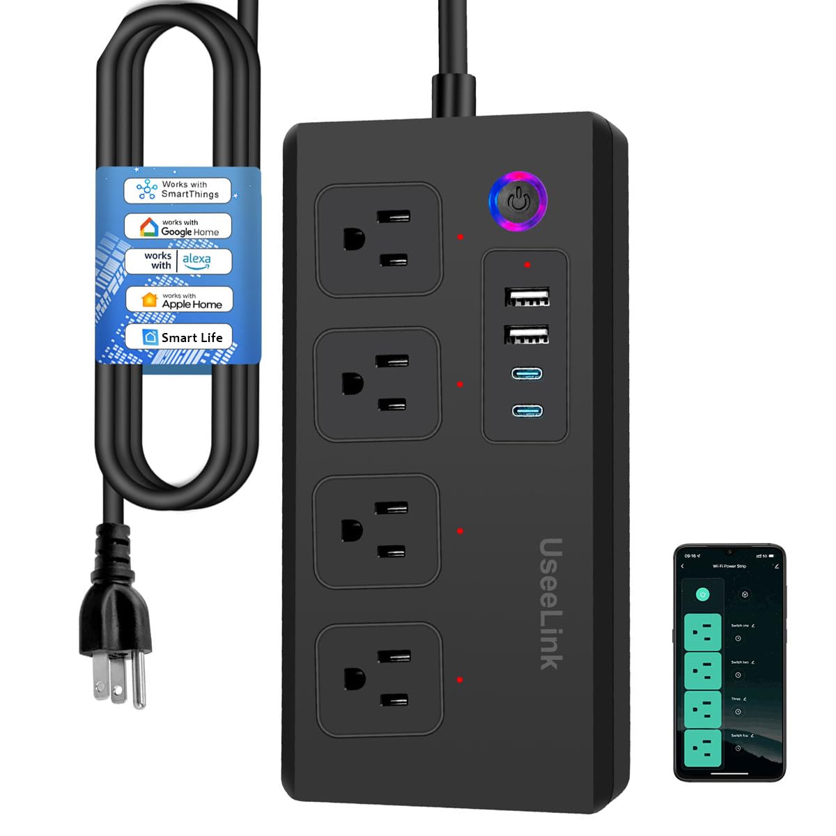 XENON Smart Power Strip - Surge Protector with 4 Individually Controlled AC outlets and 4 USB Ports,Compatible with Alex