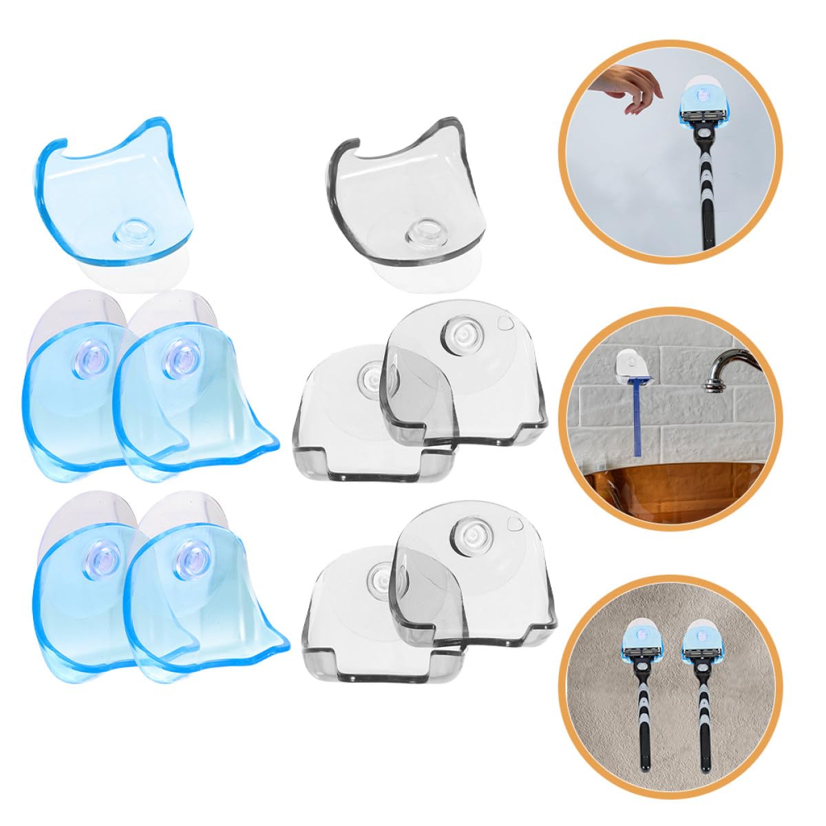 TEHAUX 10-piece razor holder stand with wall suction cups, plastic bathroom razor storage rack, ideal for shavers and grooming tools