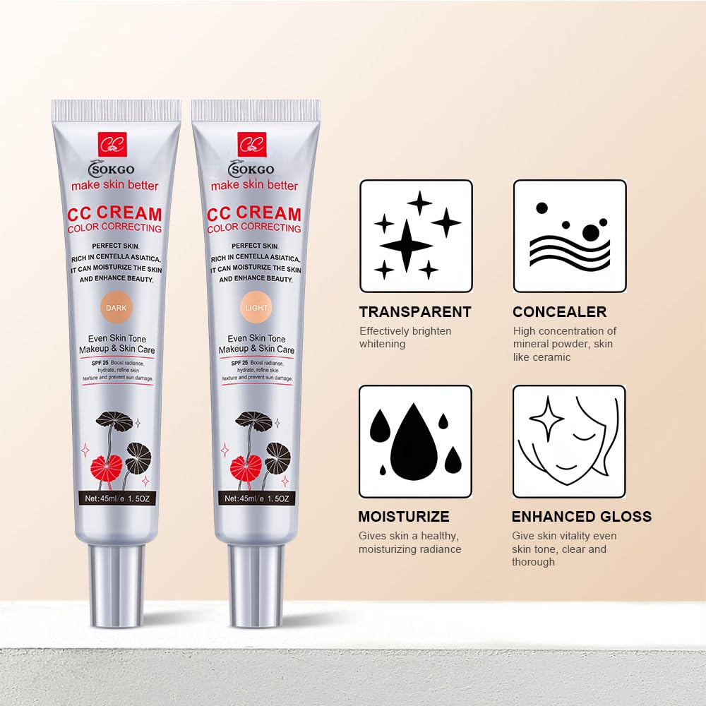 Fovcos Color Correcting CC Cream with SPF 25, Coverage Lightweight Foundation, Hydrating Serum, Even Skin Tone Makeup an
