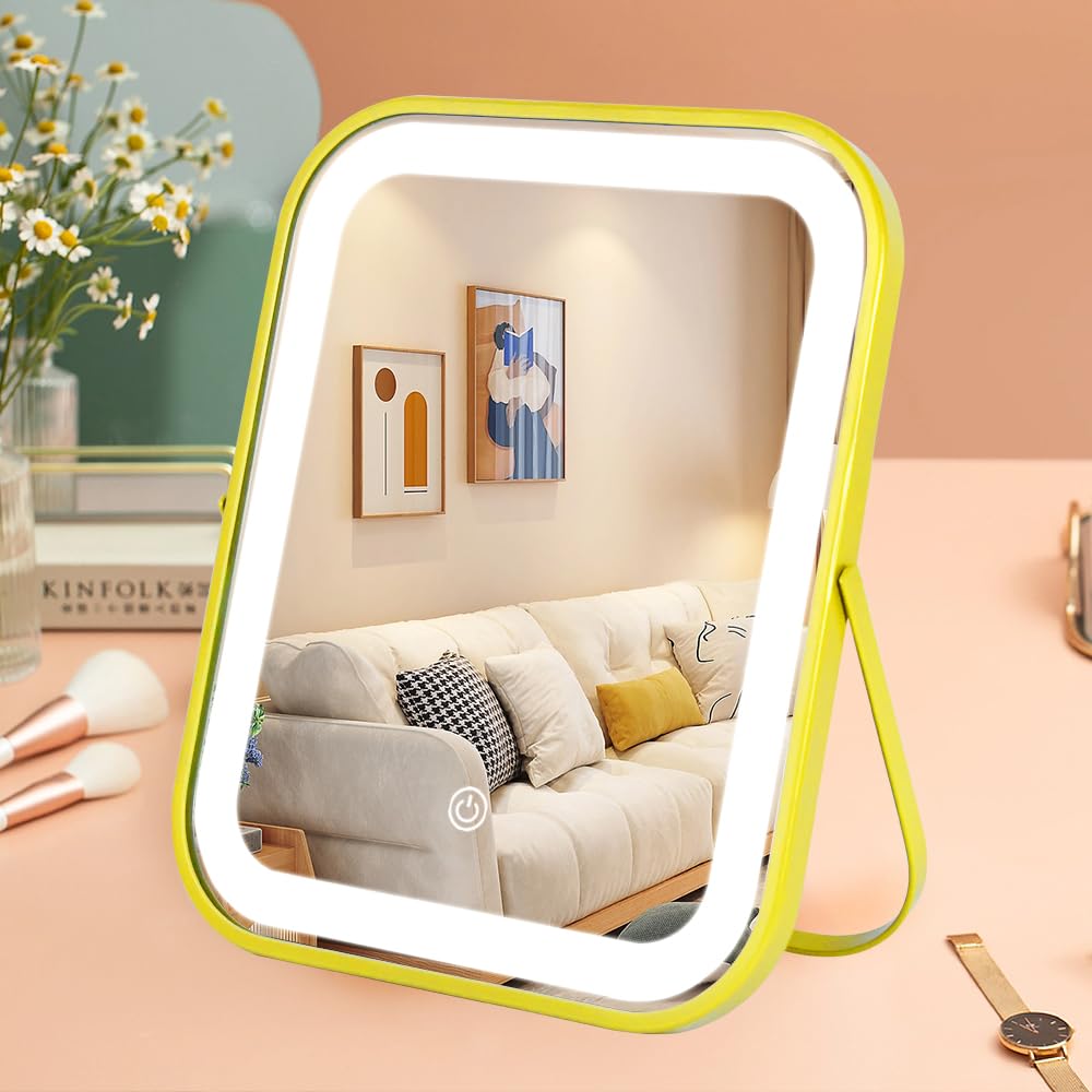 YEKKOPT Rechargeable Vanity Mirror with Lights, 12"×14" LED Makeup Mirror, Smart Touch Control, 3 Color Lighting