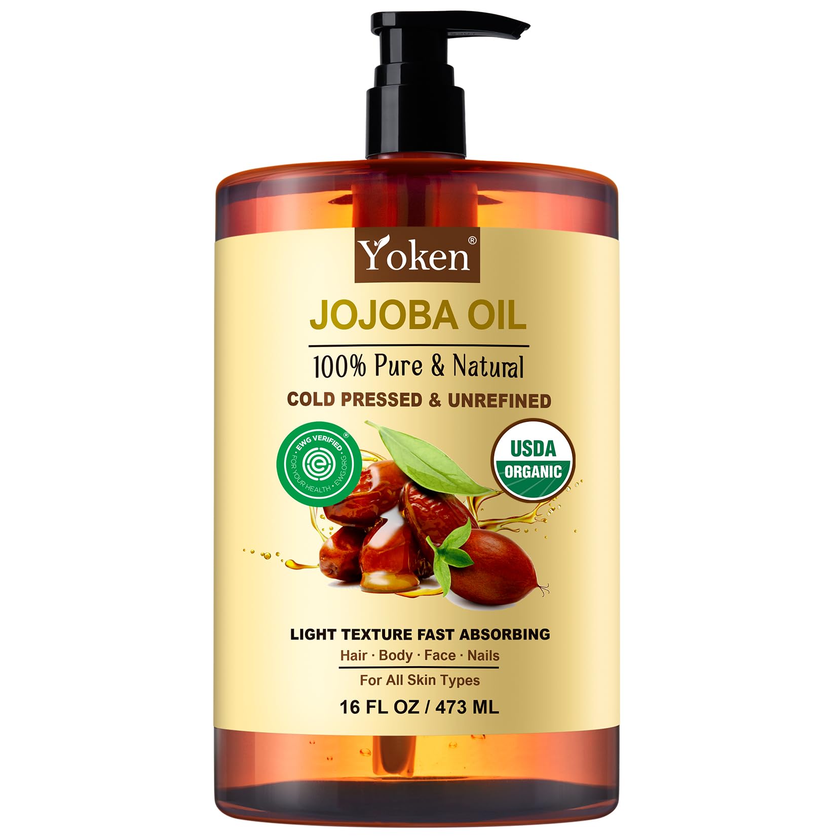 Yoken Organic Jojoba Oil USDA Certified Cold Pressed 16oz