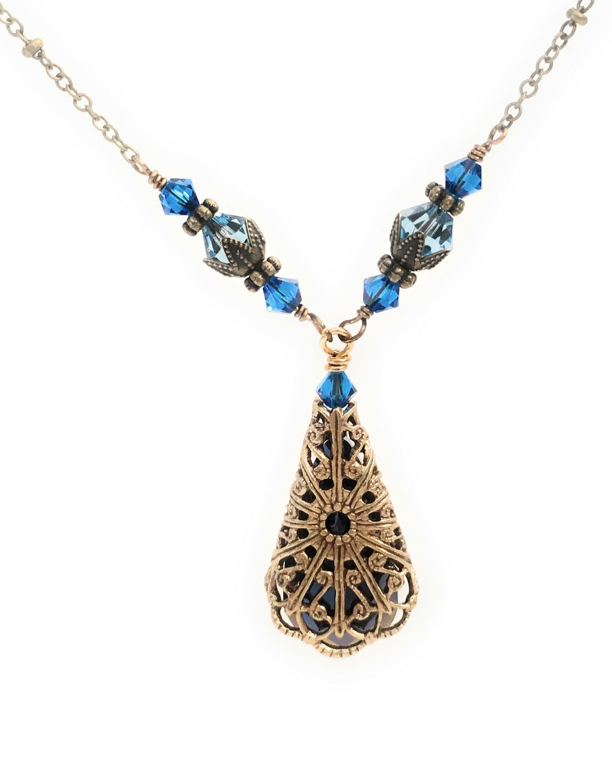 HisJewelsCreations Bermuda Blue Teardrop Pendant Filigree Necklace Jewelry for Women Gift for Her – full view