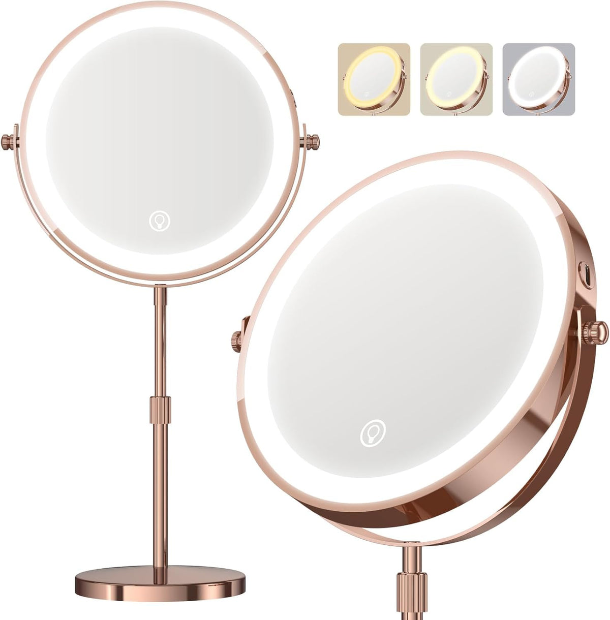 Dienmern Makeup Mirror, 1X/20X Rechargeable Vanity Mirror with Lights – Rose Gold, Aluminum