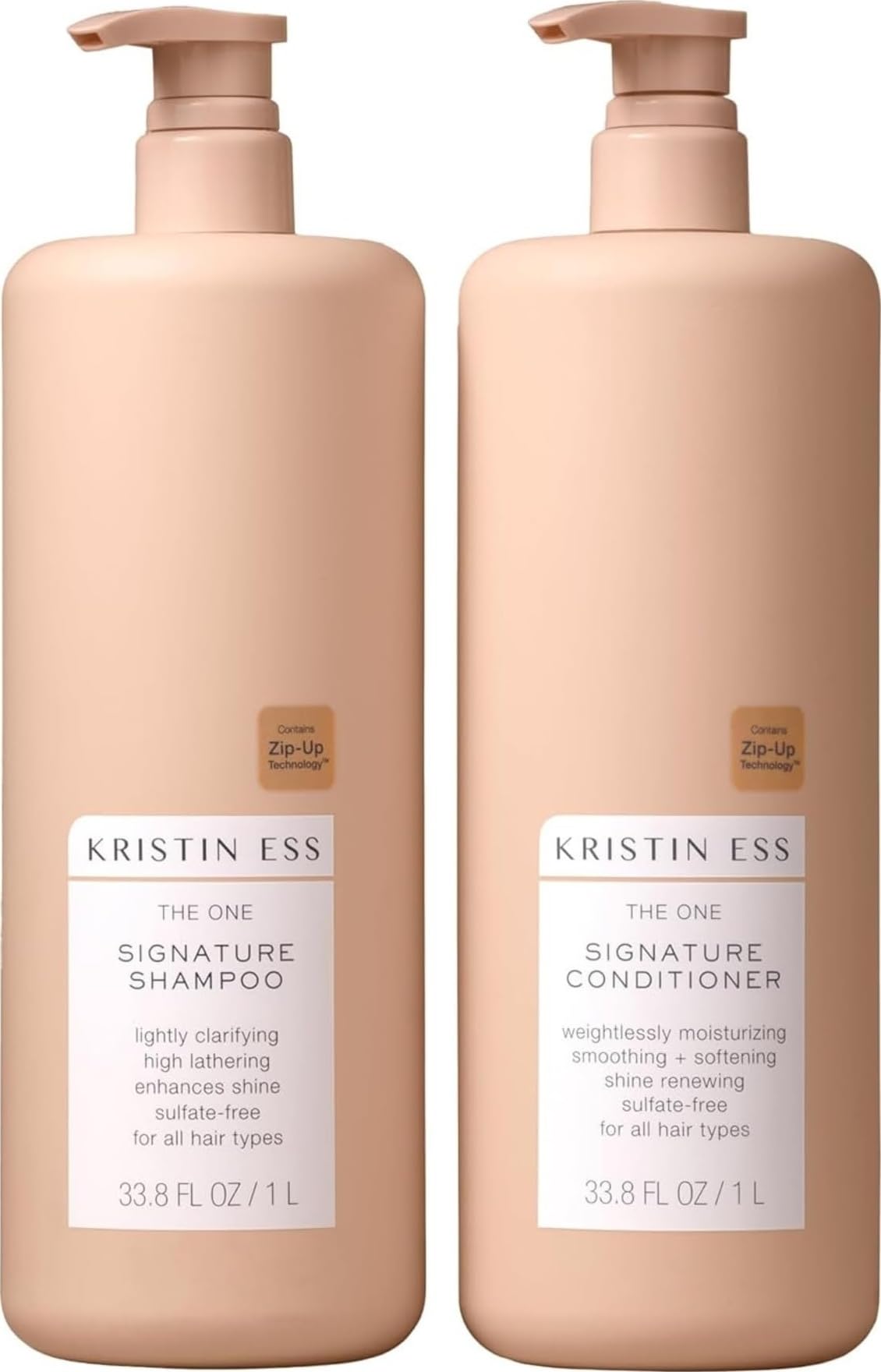Kristin Ess Signature Shampoo and Conditioner set in 33.8 oz bottles, hair cleaner and conditioner for healthy, shiny hair.