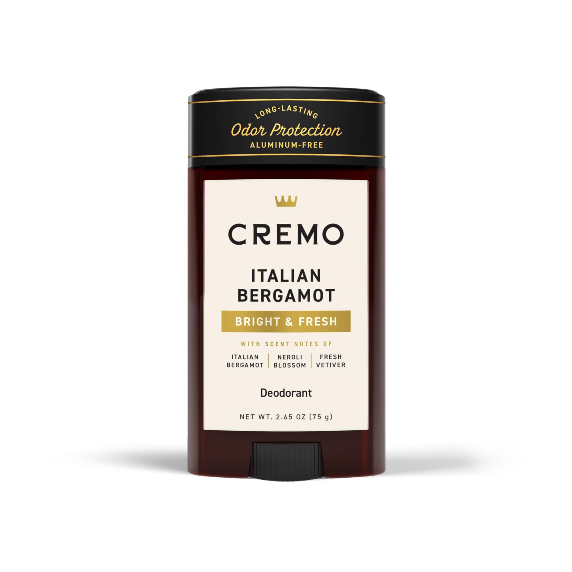 Cremo Italian Bergamot aluminum-free men's deodorant stick, natural body deodorant with fresh citrus scent.