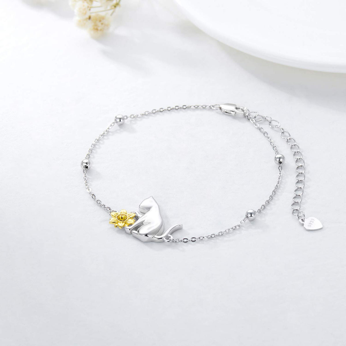 AOBOCO 925 Sterling Silver Cute Cat Kitty Bracelet Adjustable Link Chain, Cat Jewelry Gifts for Cat Lovers 7-9 inches – 