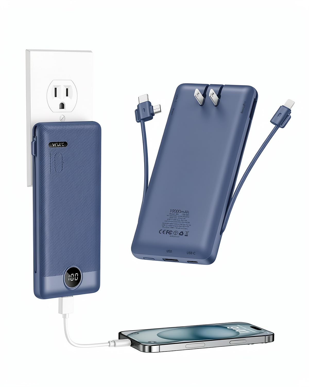 VRURC Portable Charger Built-in Cables and AC Wall Plug, USB C Power Bank 10000mAh, Travel Battery Portable Phone Charge