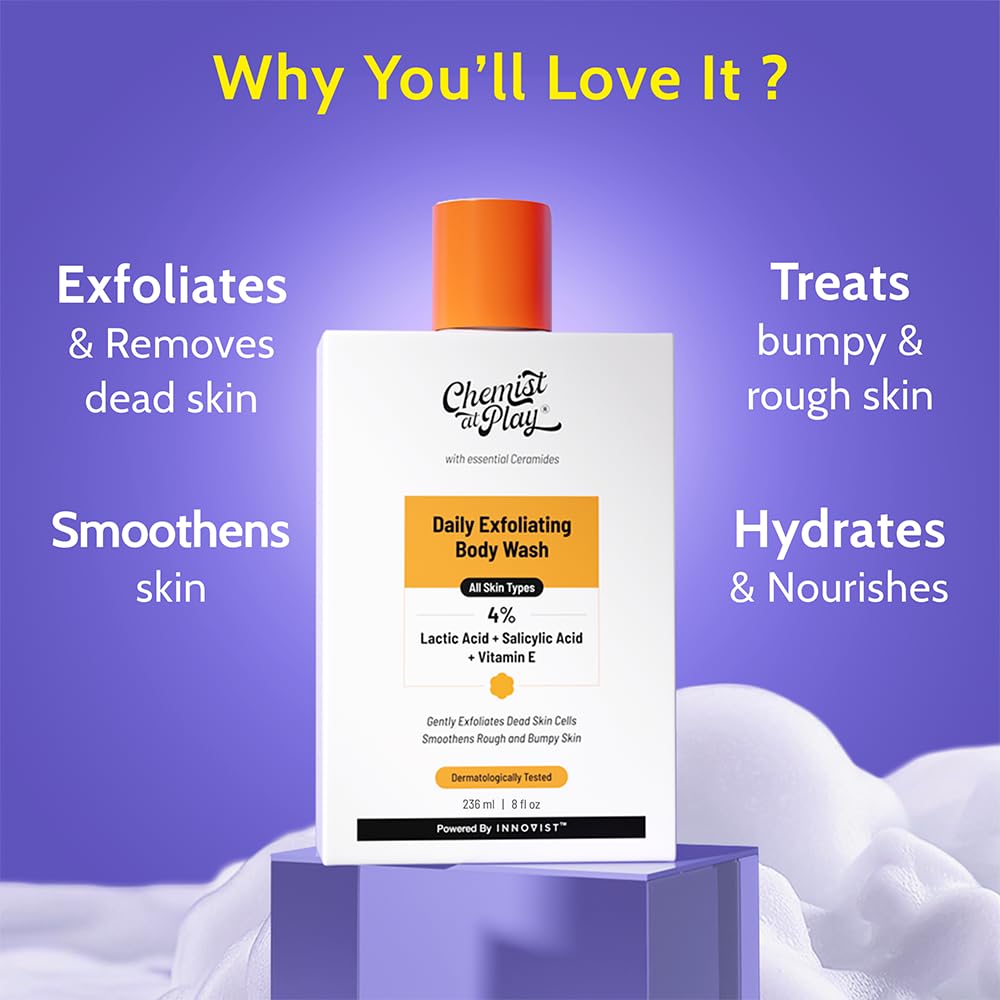 Chemist at Play exfoliating body wash with salicylic and lactic acid, showing the clear bottle and label for skin cleansing.