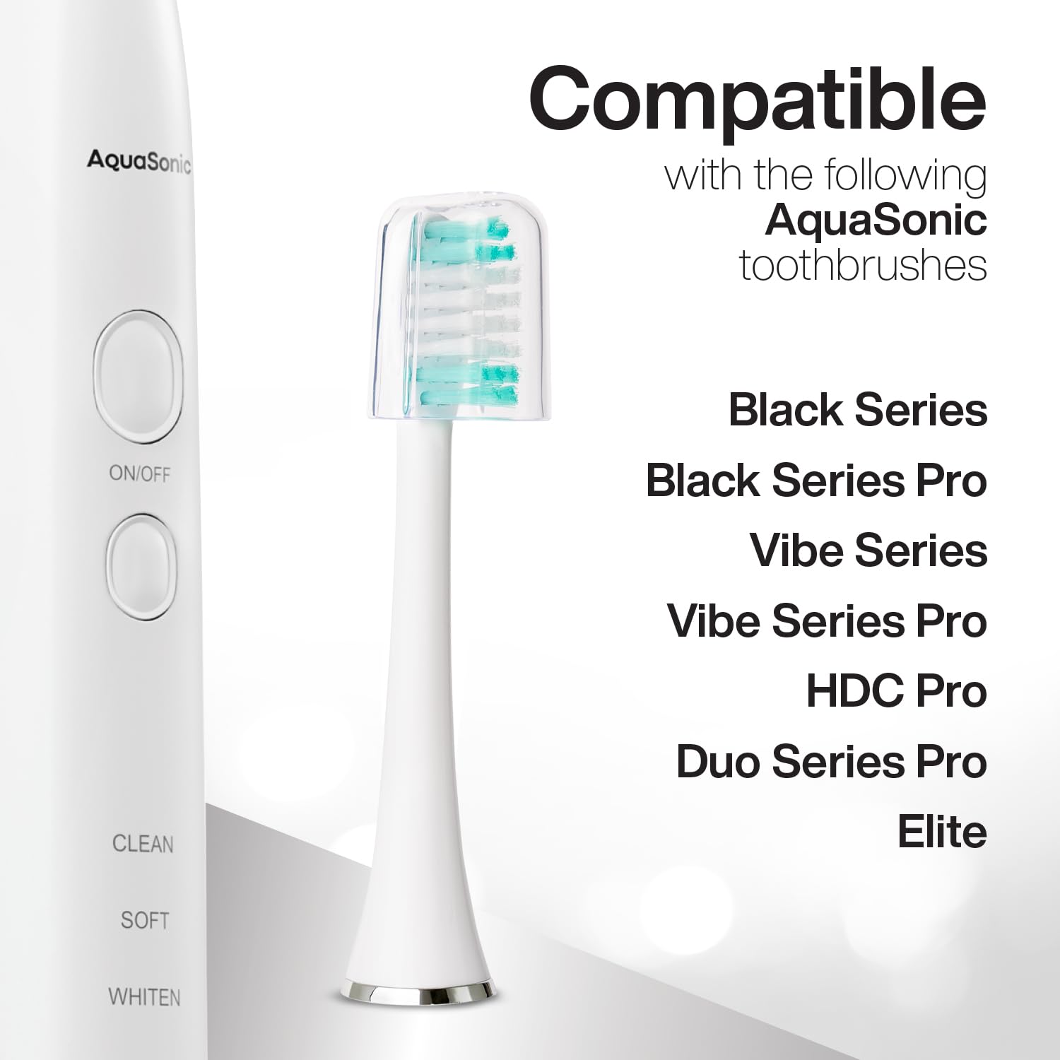 Set of 8 AquaSonic genuine replacement toothbrush heads for normal and sensitive teeth, compatible with AquaSonic toothbrush handles.