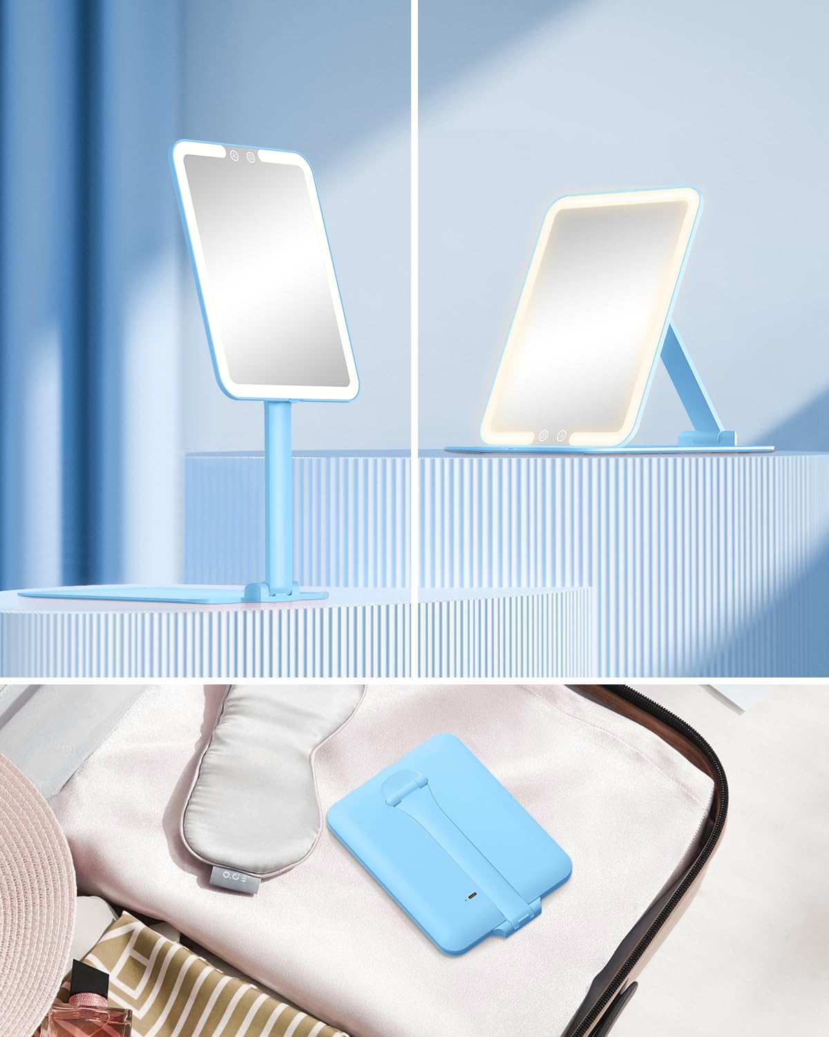 Gospire Travel Makeup Mirror with 3 Lights and Magnification 10X, Blue – full view