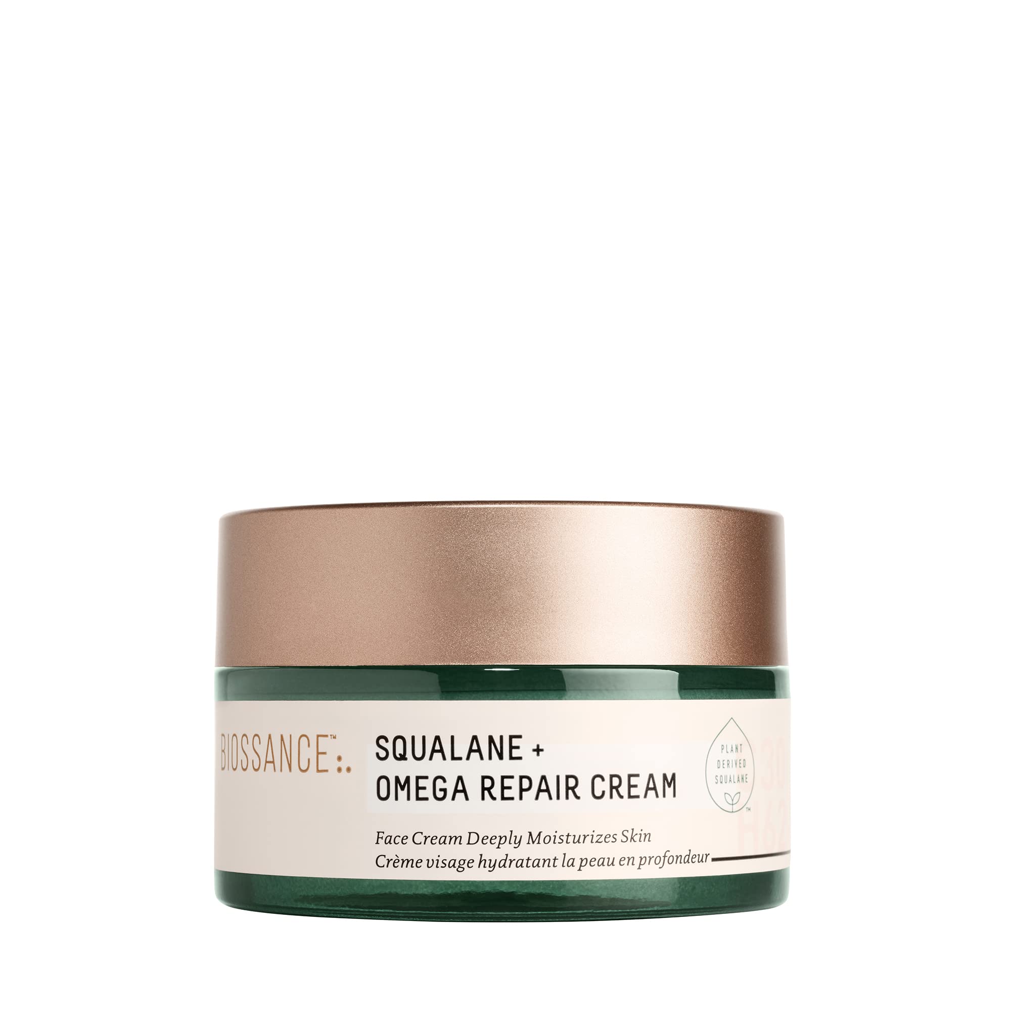 BIOSSANCE Squalane + Omega Repair Cream face moisturizer in 1.7oz jar, showing the cream's smooth texture and packaging.