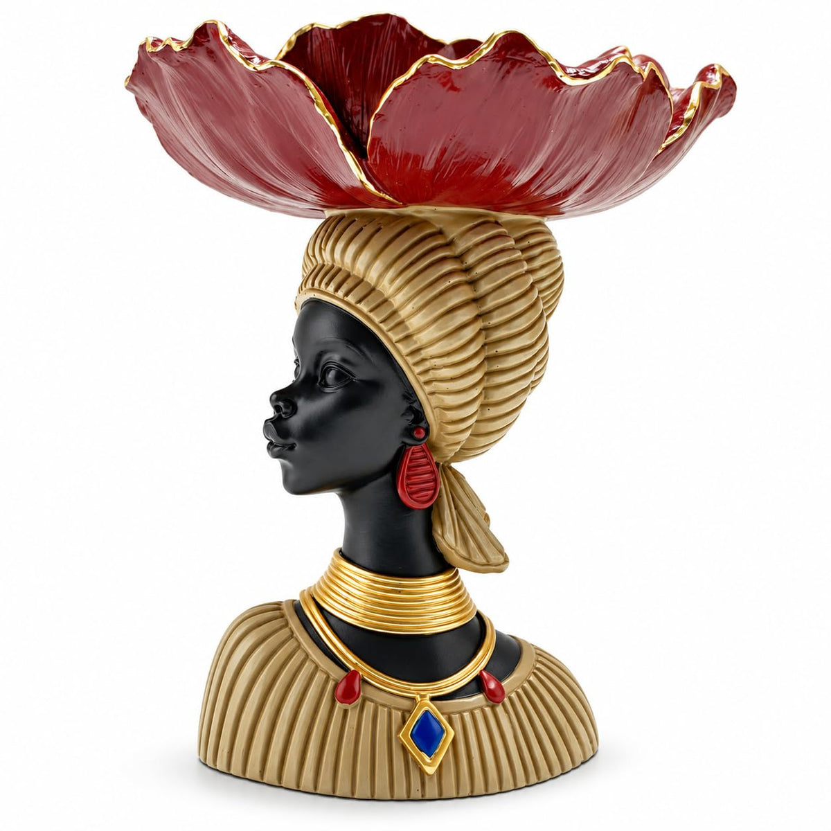 Shlinnuo African Woman Statue with Tray Red Lotus Jewelry Holder – product photo (Jewelry Trays)