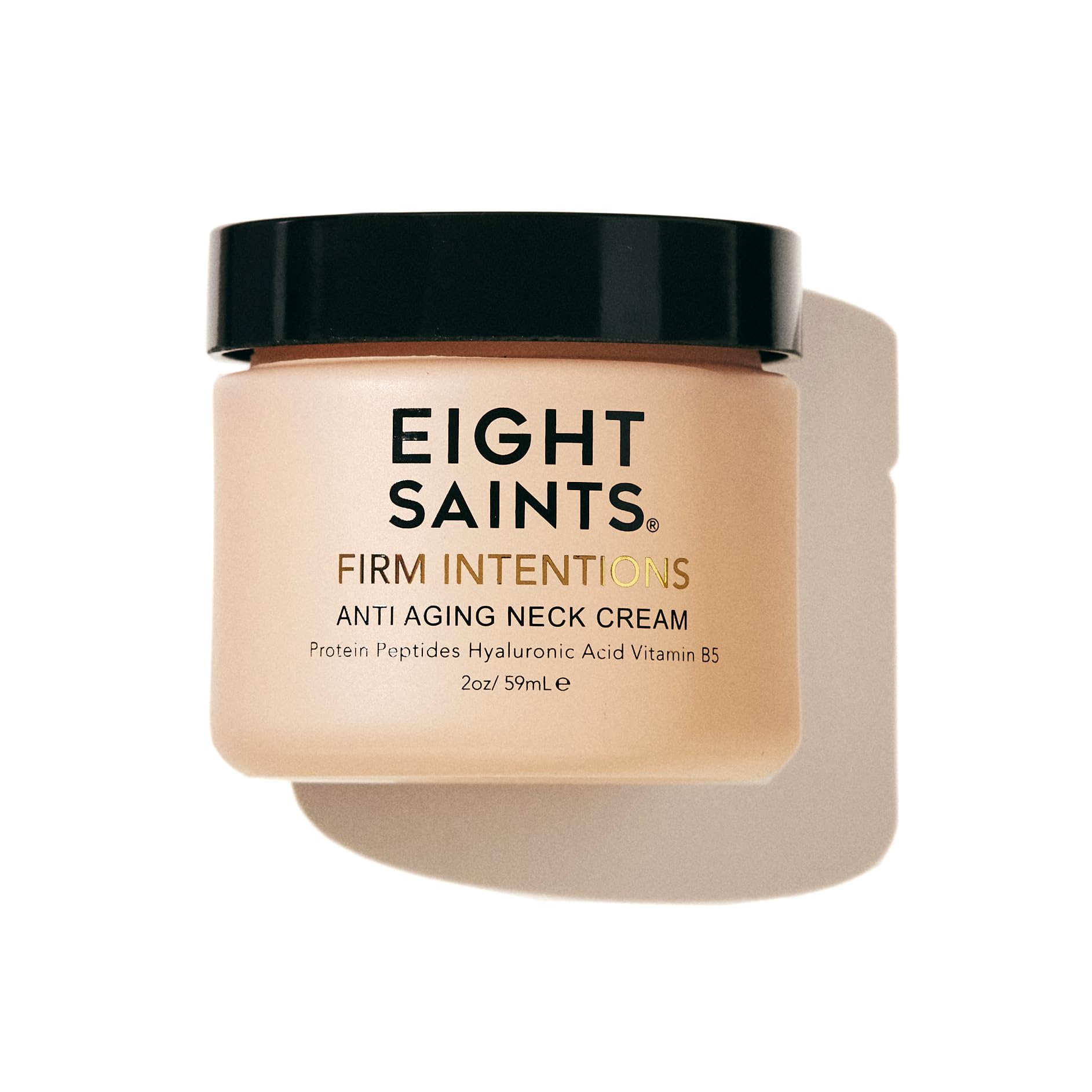Eight Saints Firm Intentions anti-aging neck cream with peptides, hyaluronic acid, and niacinamide for skin firming and wrinkle reduction.