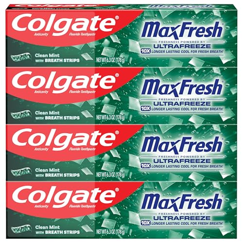 Colgate MaxFresh Fluoride Toothpaste, Clean Mint, 4 Pack, 6.3 oz - Product Imagery