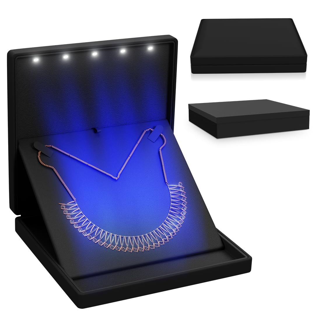 YJCBOX Elegant LED Light Necklace Box – Luxury Gift Holder for Jewelry, Weddings, Anniversaries, and Storage (Black) – B