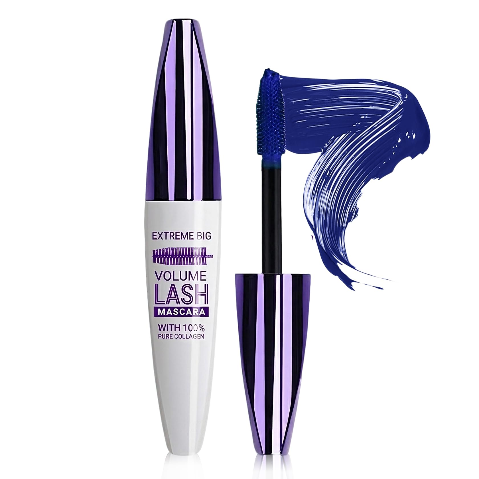 Rosawee 5D Blue Waterproof Mascara enhancing lashes with volume and length, featuring a sleek black tube and applicator wand.