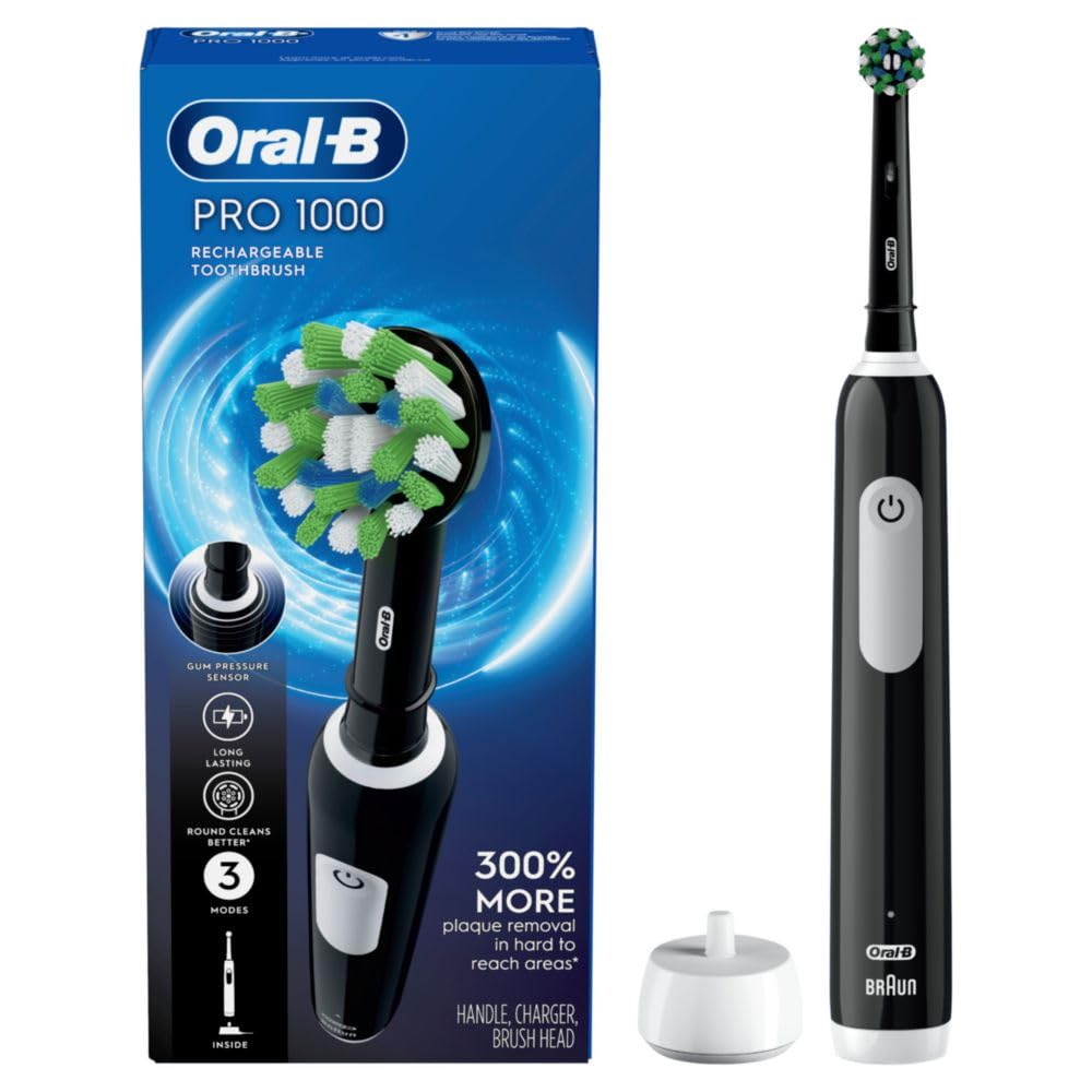 Oral-B Pro 1000 rechargeable electric toothbrush in black, with a sleek design and brush head attached.