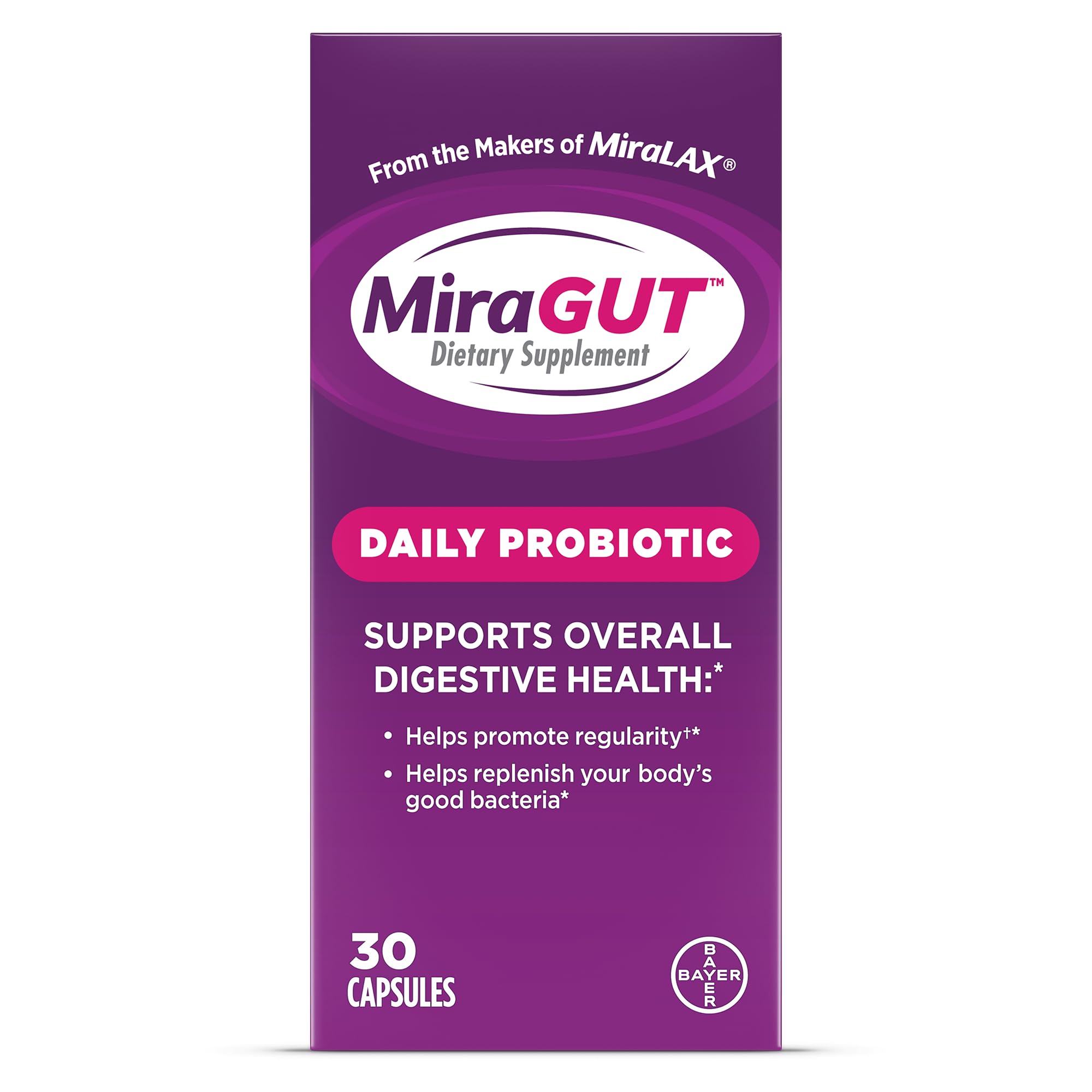 MiraGUT Daily Probiotic, from the Makers of MiraLAX, Probiotics for Digestive Health, Gluten-Free Supplement, Probiotic for Women and Men, Support Overall Digestive Health, 30 Ct