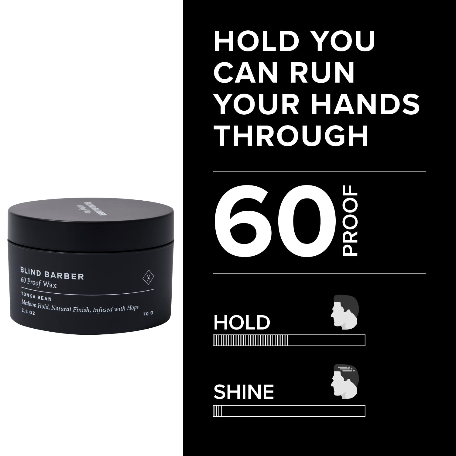 Blind Barber 60 Proof Hair Wax for Men, water-based styling wax with medium hold, shine, and tonka bean scent, 2.5 oz.
