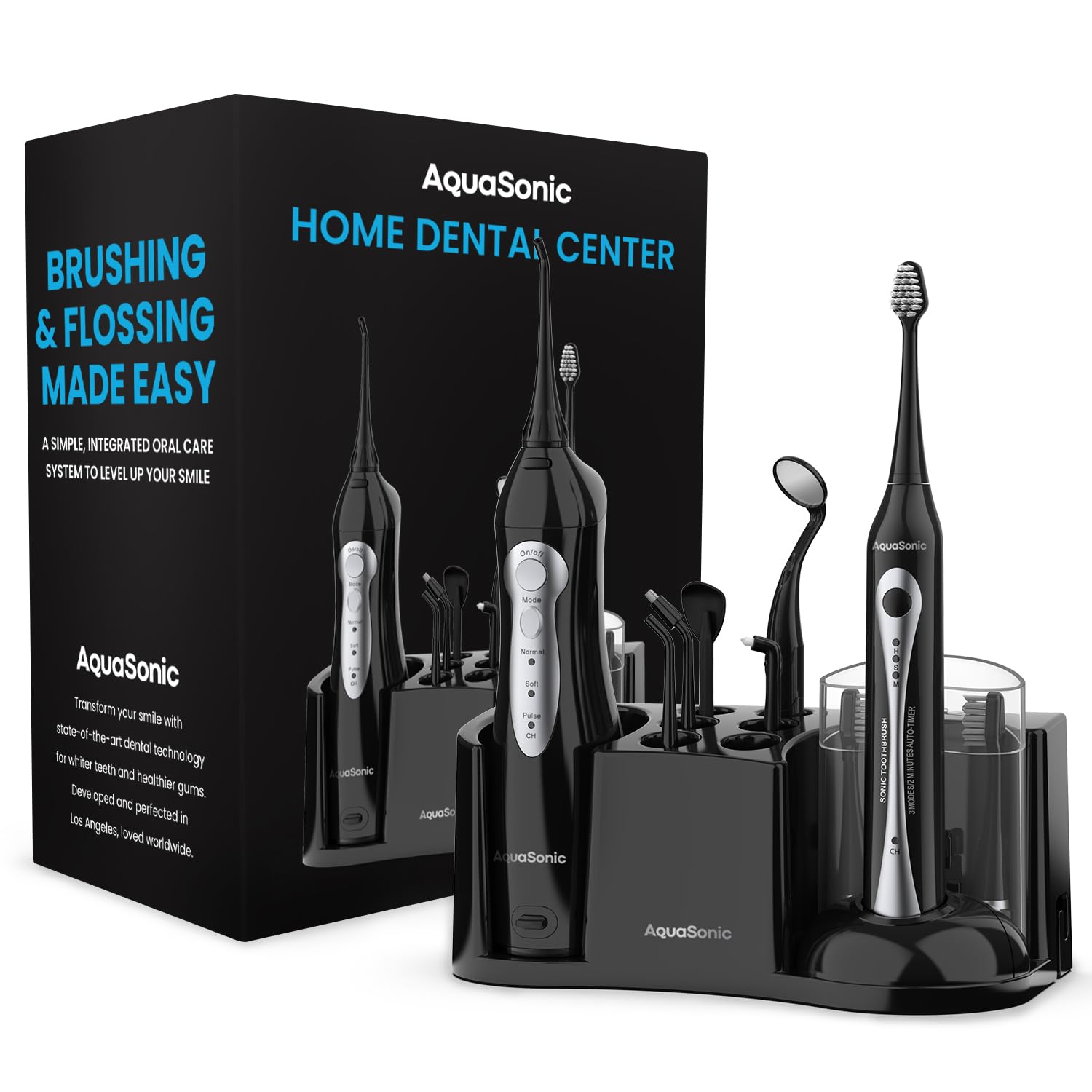 Aquasonic Rechargeable oral irrigator with 10 attachments, black color, featuring various modes and timers for complete family dental care.