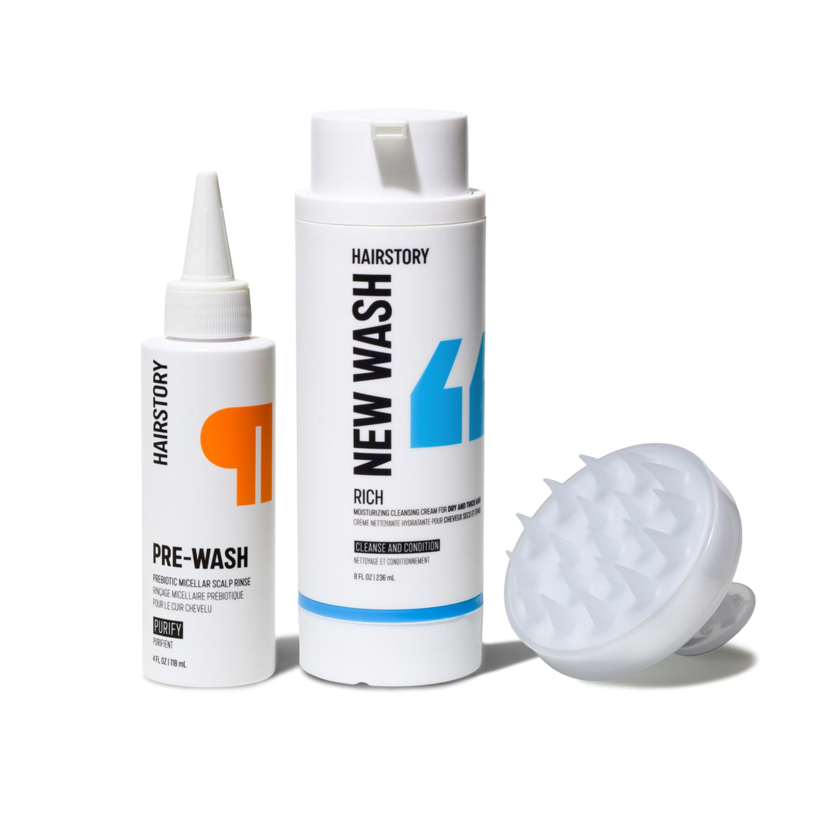 Hairstory New Wash Method for Dry Hair, Rich & Pre-Wash with Scalp Brush, Purifying Scalp Rinse & Ultra-Moisturizing Cle